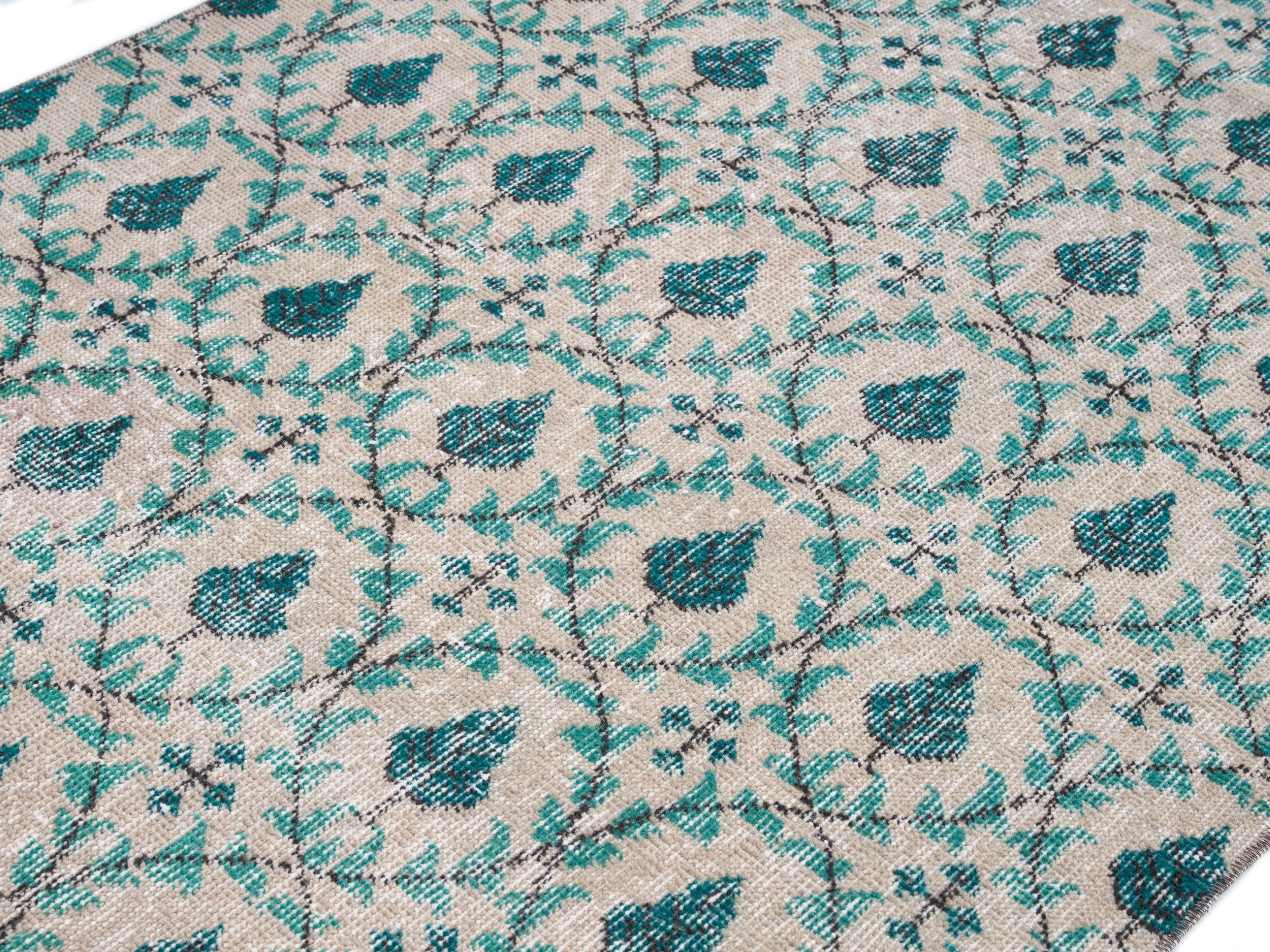 Turkish Isparta runner rug in cream and teal, view 5 of 10