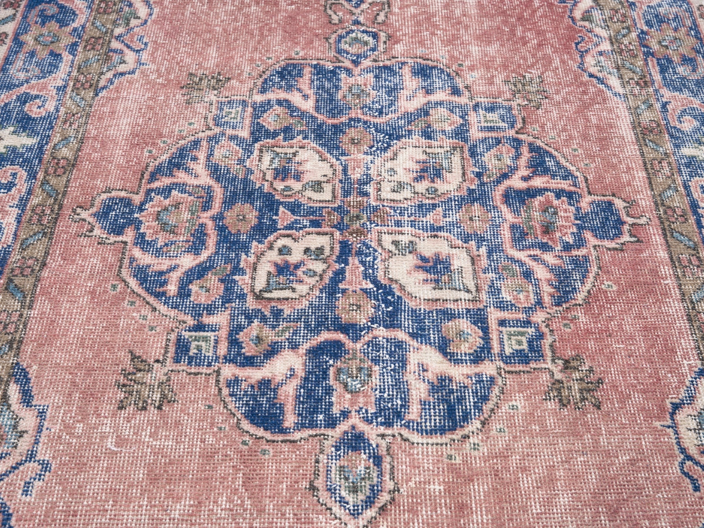 Turkish Isparta area rug in dusty rose and denim, view 4 of 10