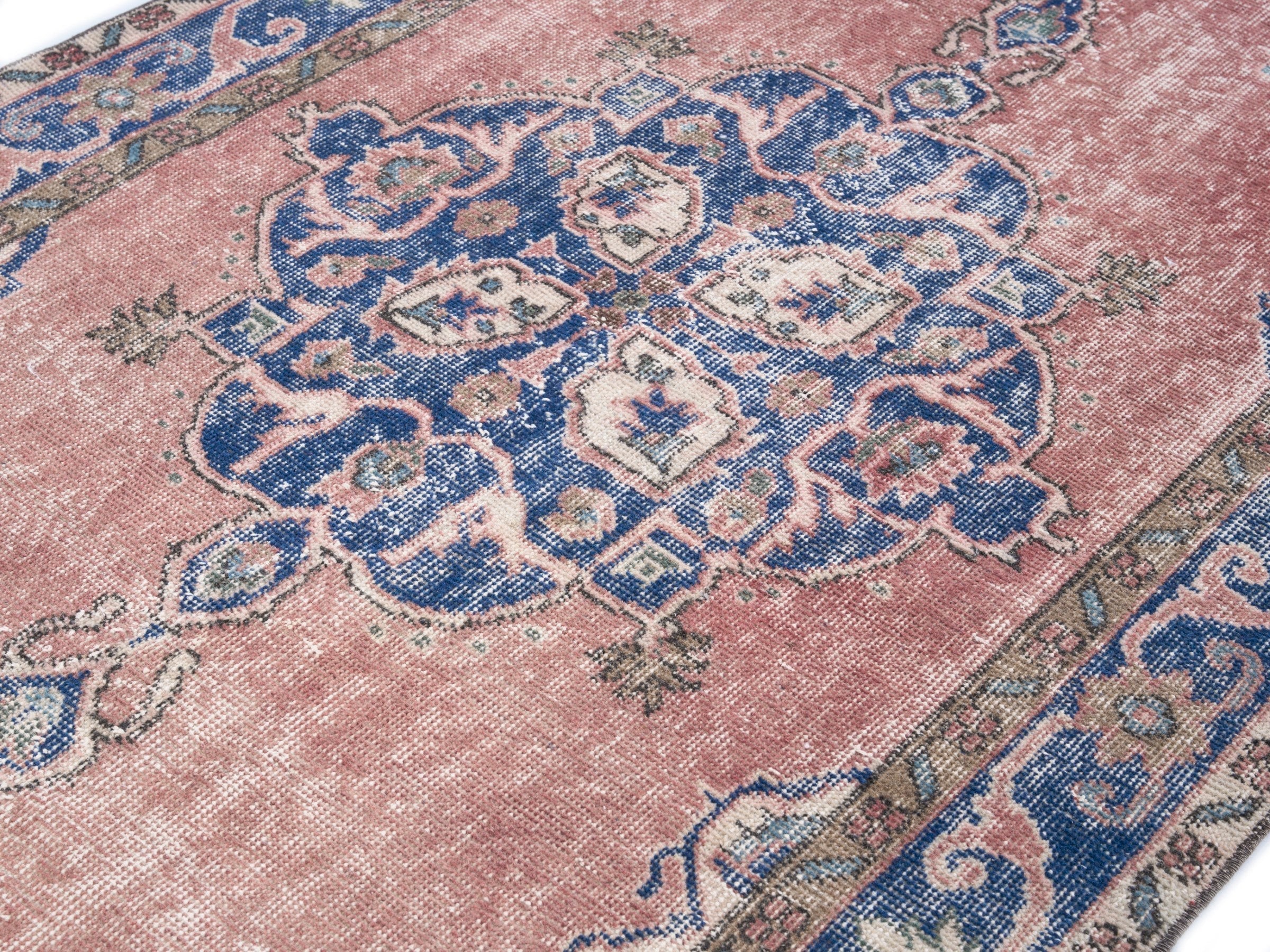 Turkish Isparta area rug in dusty rose and denim, view 5 of 10