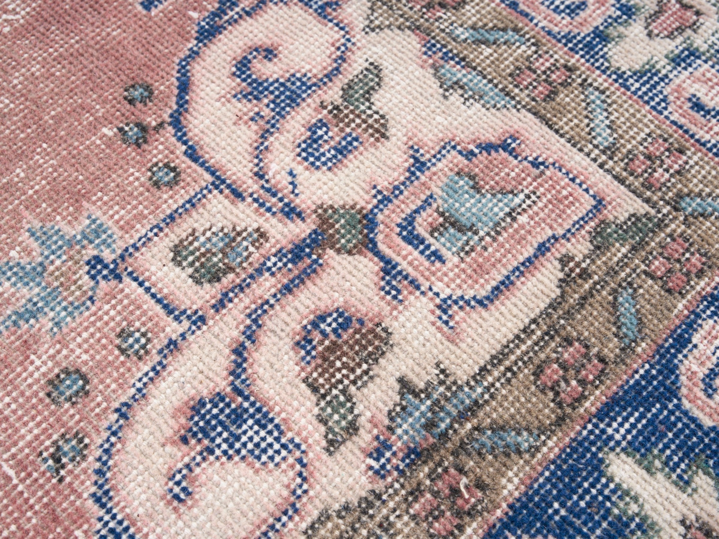 Turkish Isparta area rug in dusty rose and denim, view 7 of 10