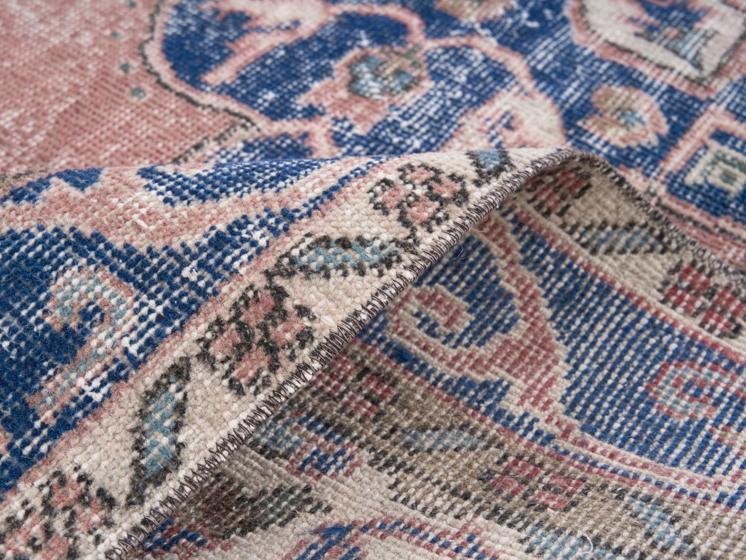 Turkish Isparta area rug in dusty rose and denim, view 9 of 10