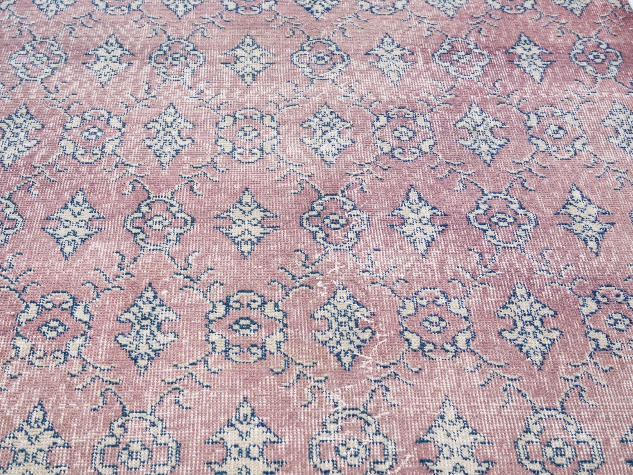 Turkish Isparta accent rug in muted pink and dusty blue, view 4 of 10