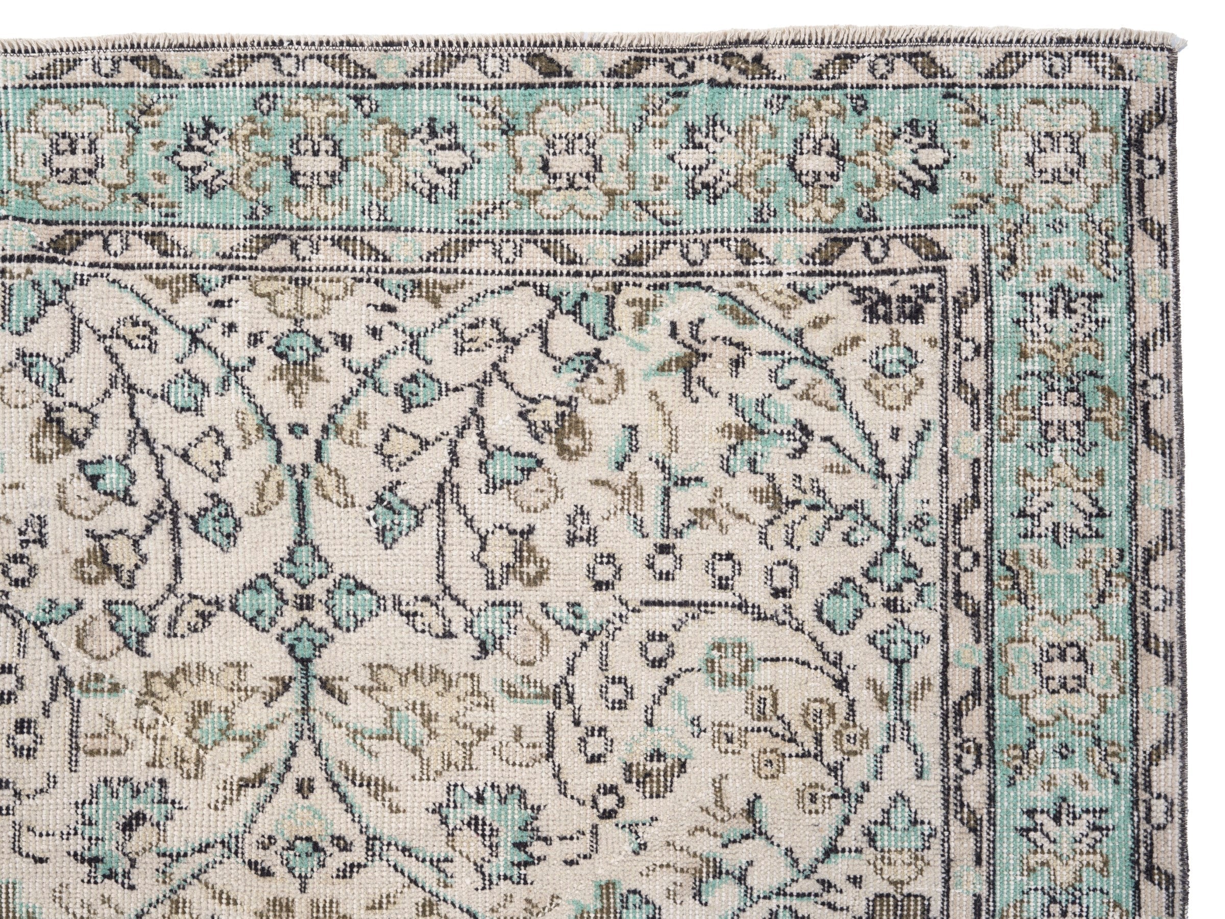 Turkish Manisa area rug in cream and celadon, view 7 of 9