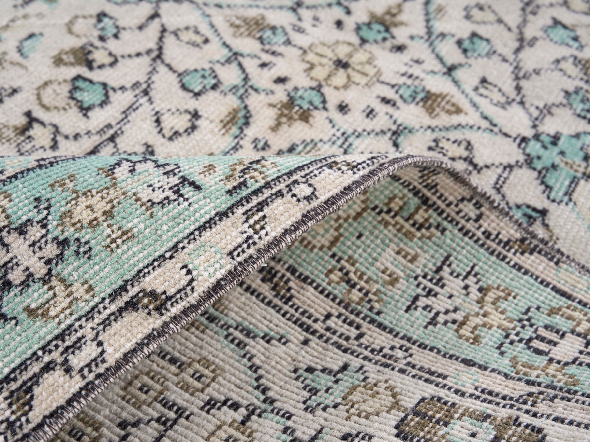 Turkish Manisa area rug in cream and celadon, view 8 of 9