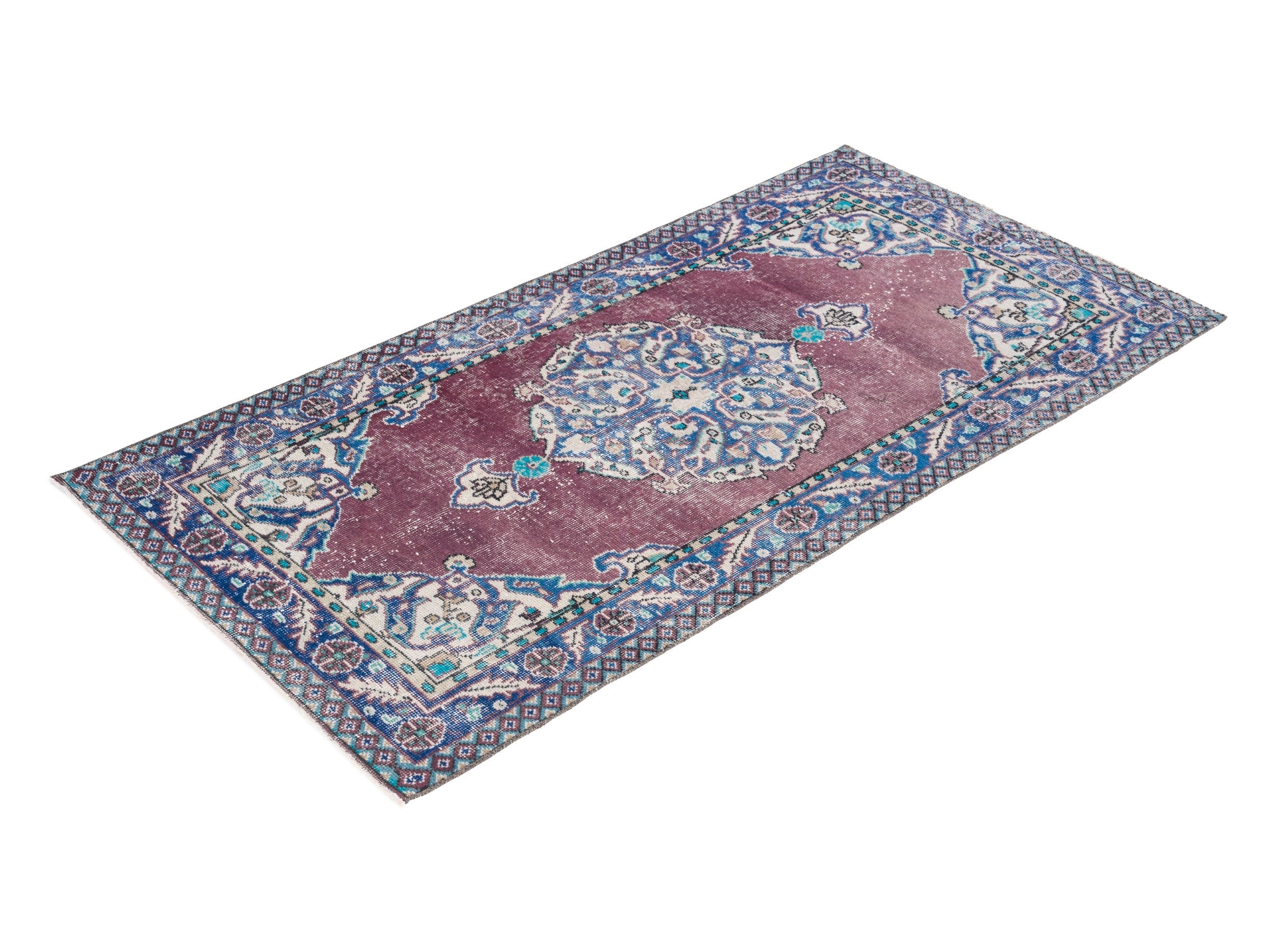Turkish Isparta runner rug in dusty rose and navy, view 3 of 10