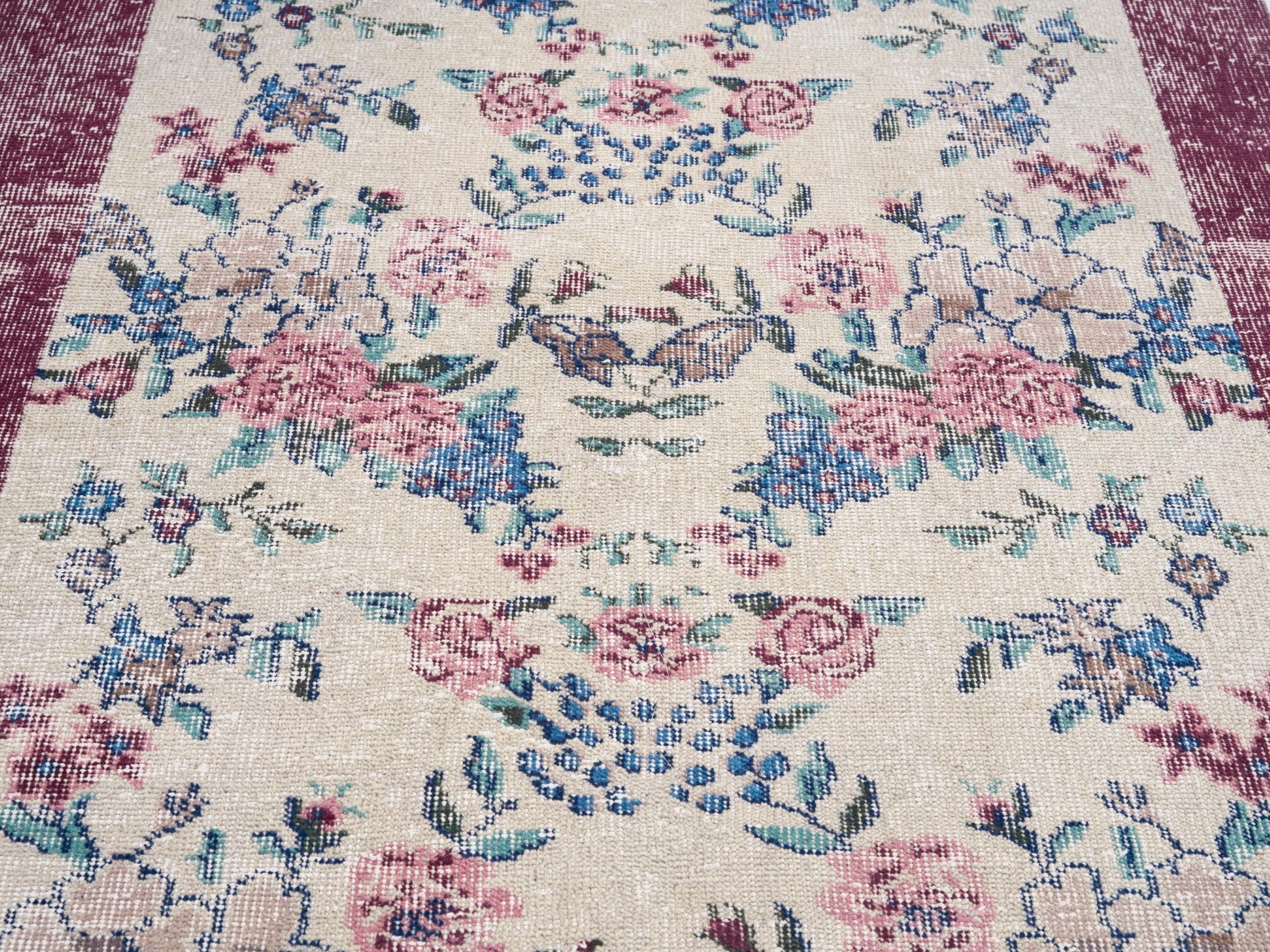 Turkish Isparta area rug in cream and dusty rose, view 4 of 10