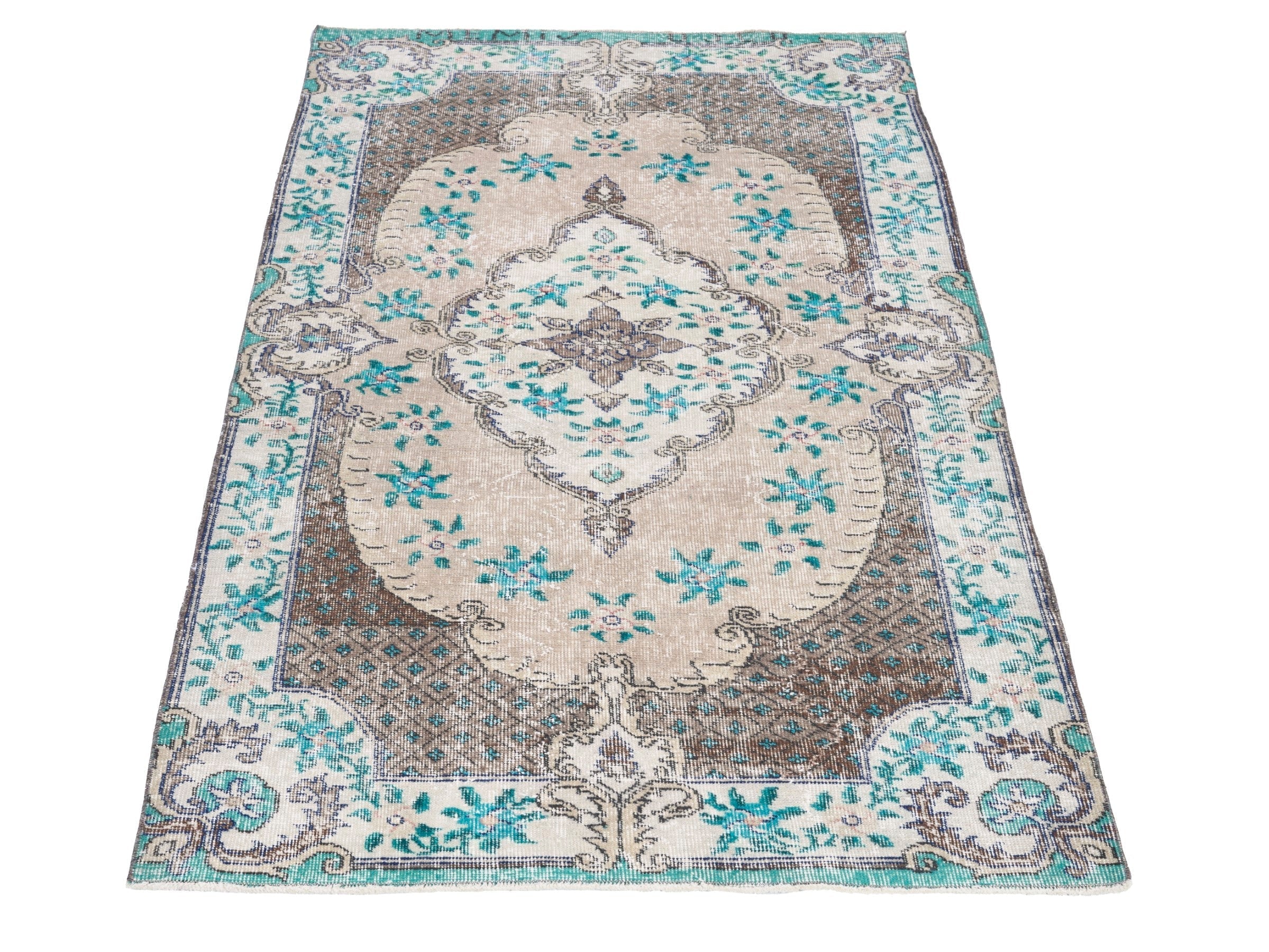 Turkish Isparta area rug in cream and turquoise, view 2 of 10