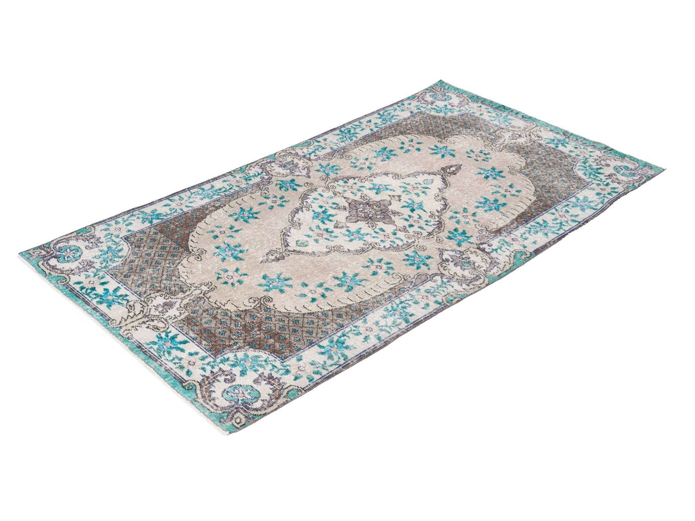 Turkish Isparta area rug in cream and turquoise, view 3 of 10