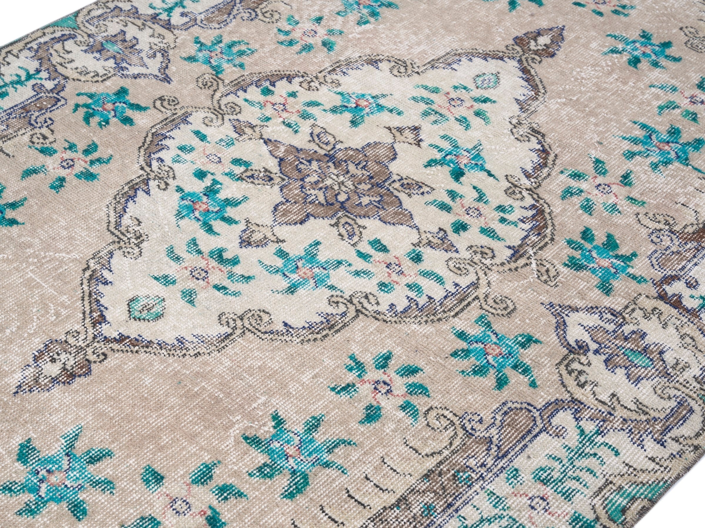 Turkish Isparta area rug in cream and turquoise, view 5 of 10