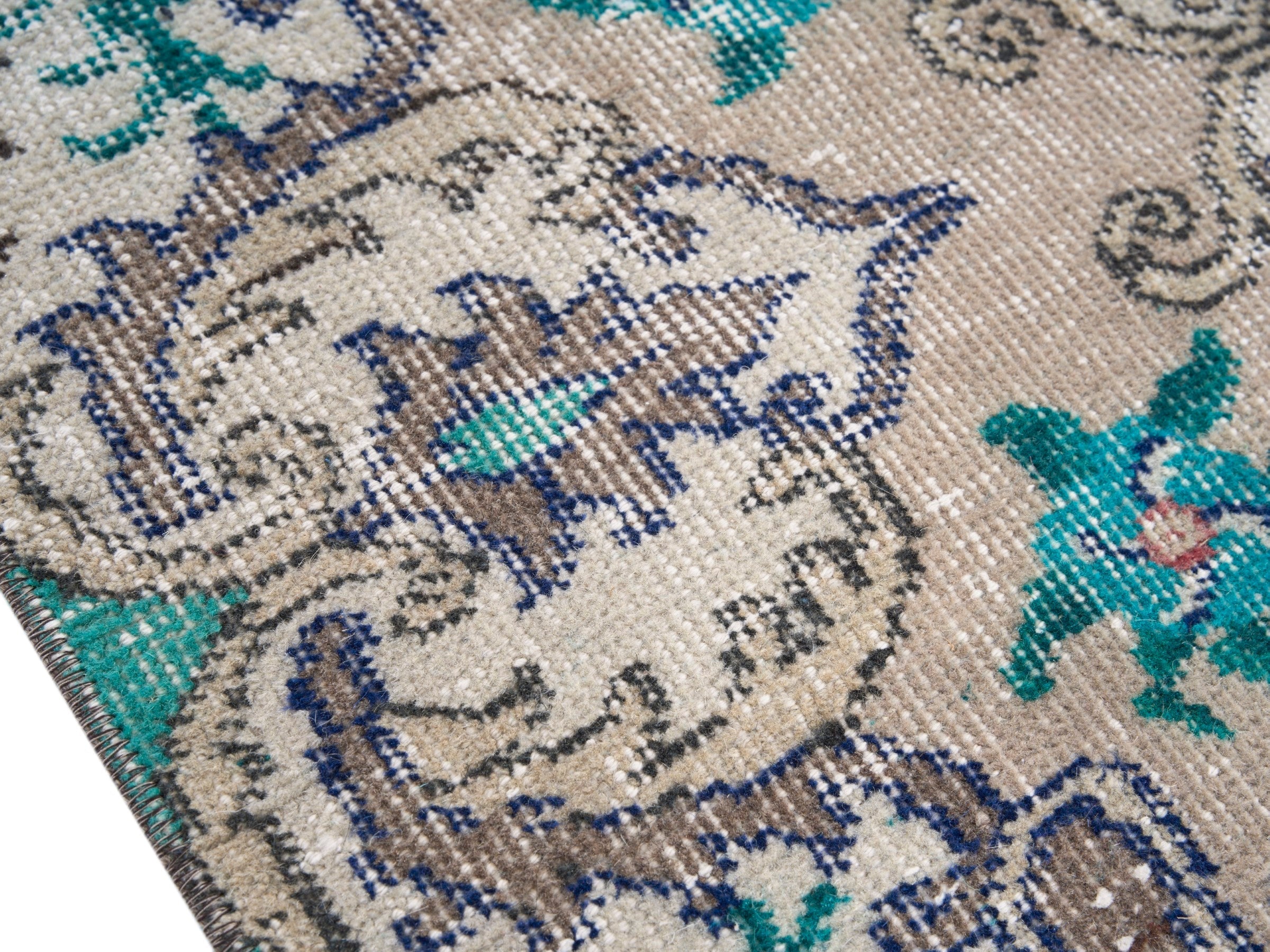 Turkish Isparta area rug in cream and turquoise, view 6 of 10
