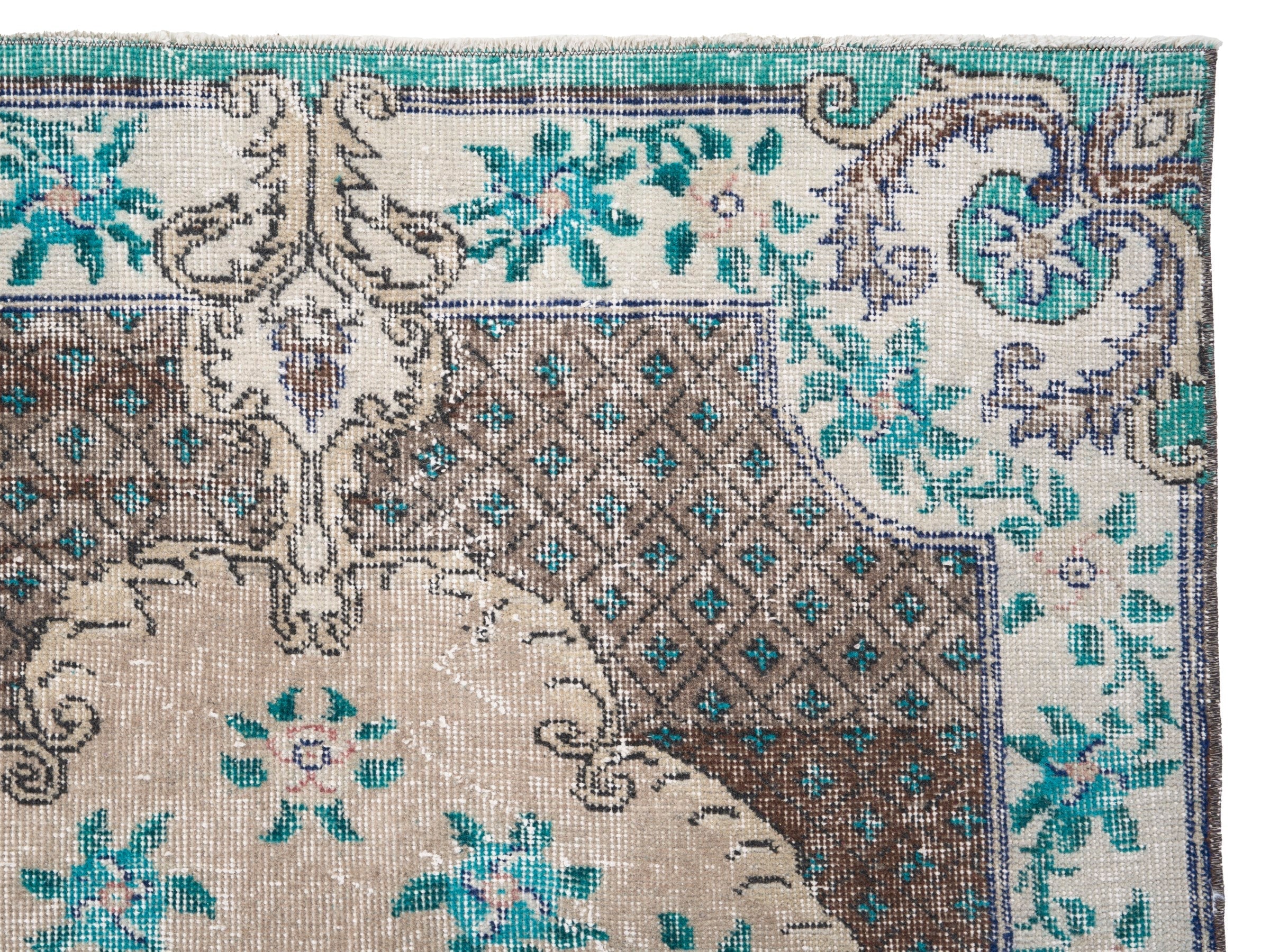 Turkish Isparta area rug in cream and turquoise, view 8 of 10