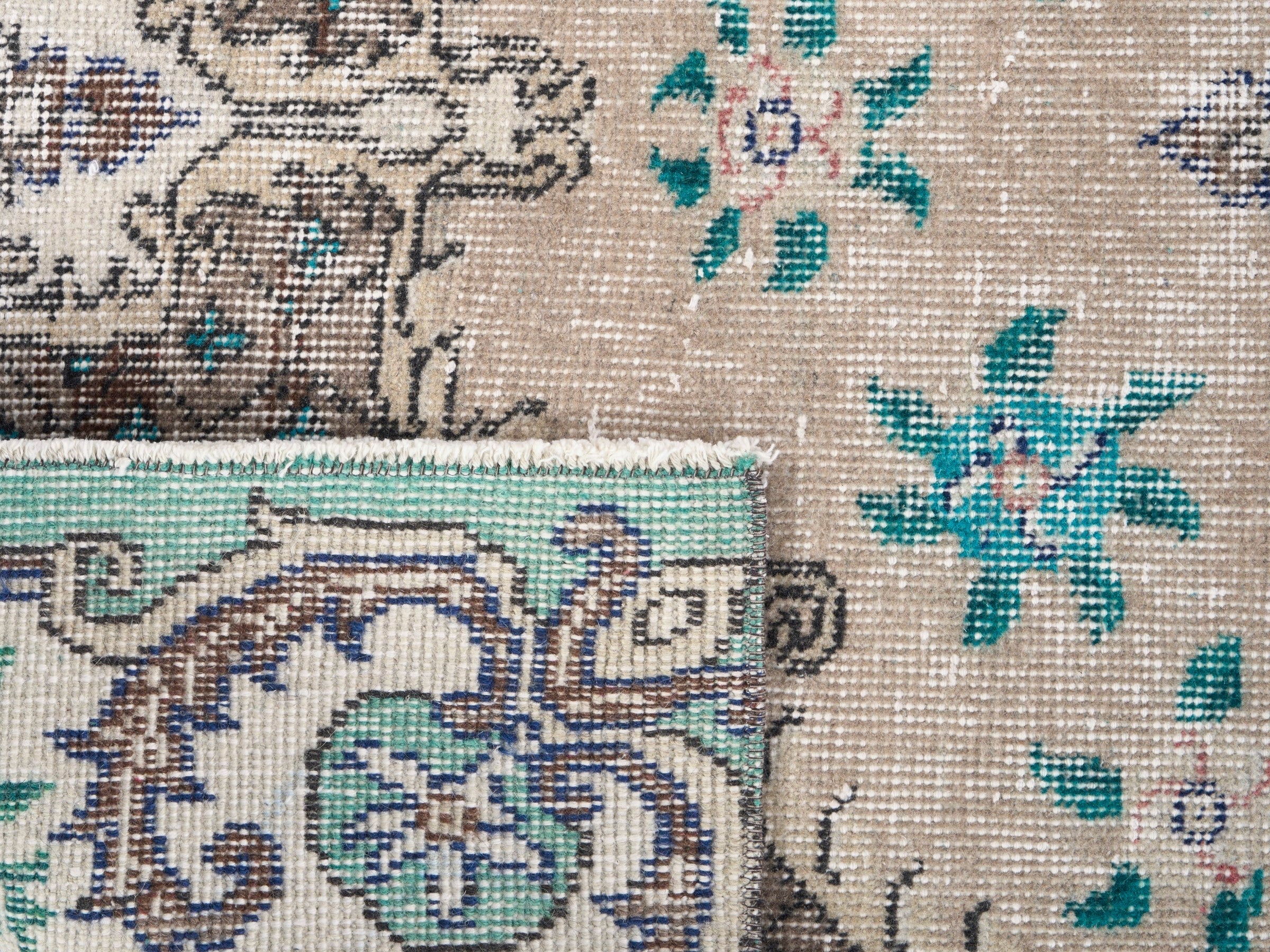 Turkish Isparta area rug in cream and turquoise, view 10 of 10