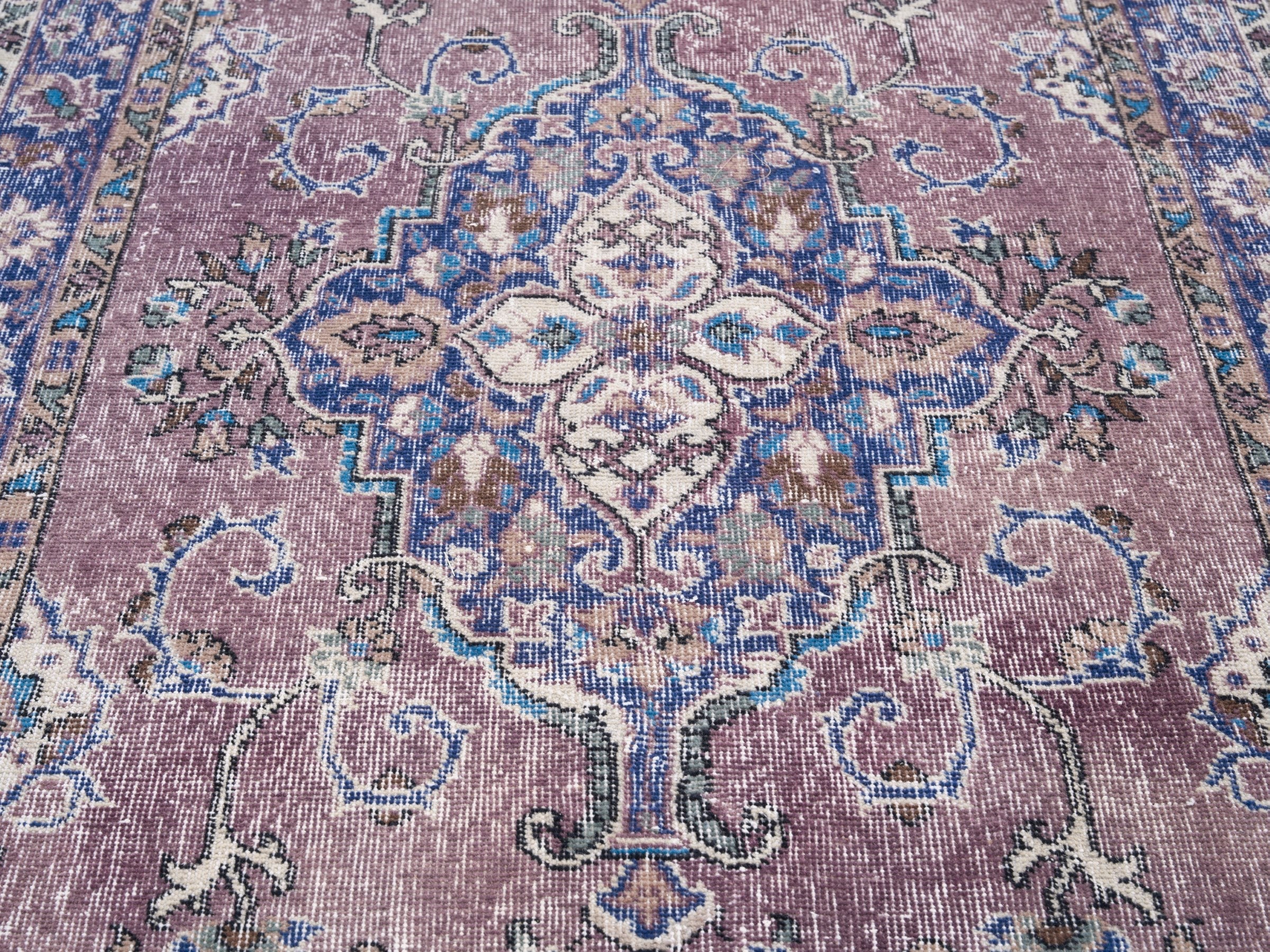 Turkish Isparta runner rug in dusty rose and navy, view 4 of 10