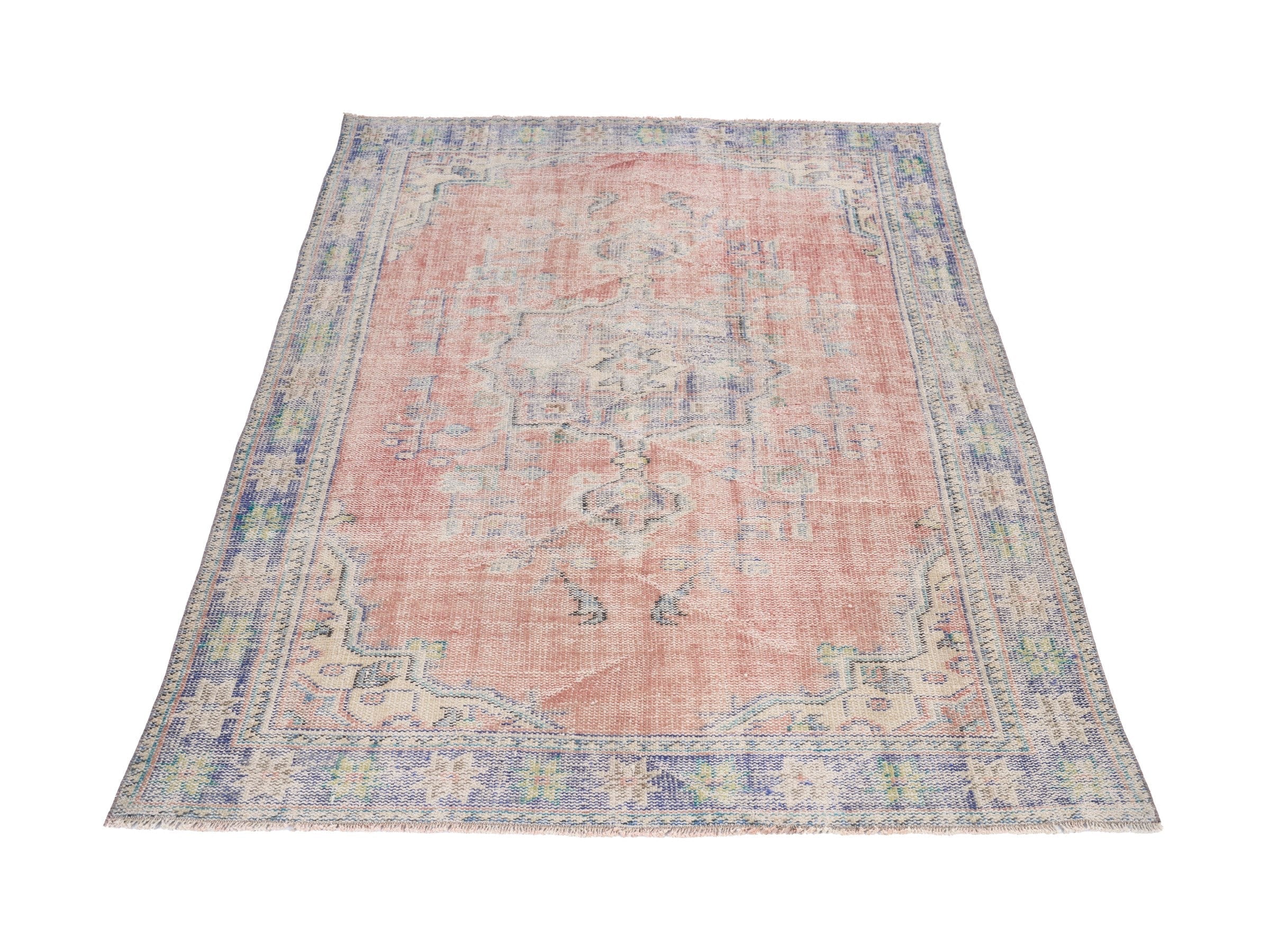 Turkish Manisa area rug in muted pink and slate blue, view 2 of 10
