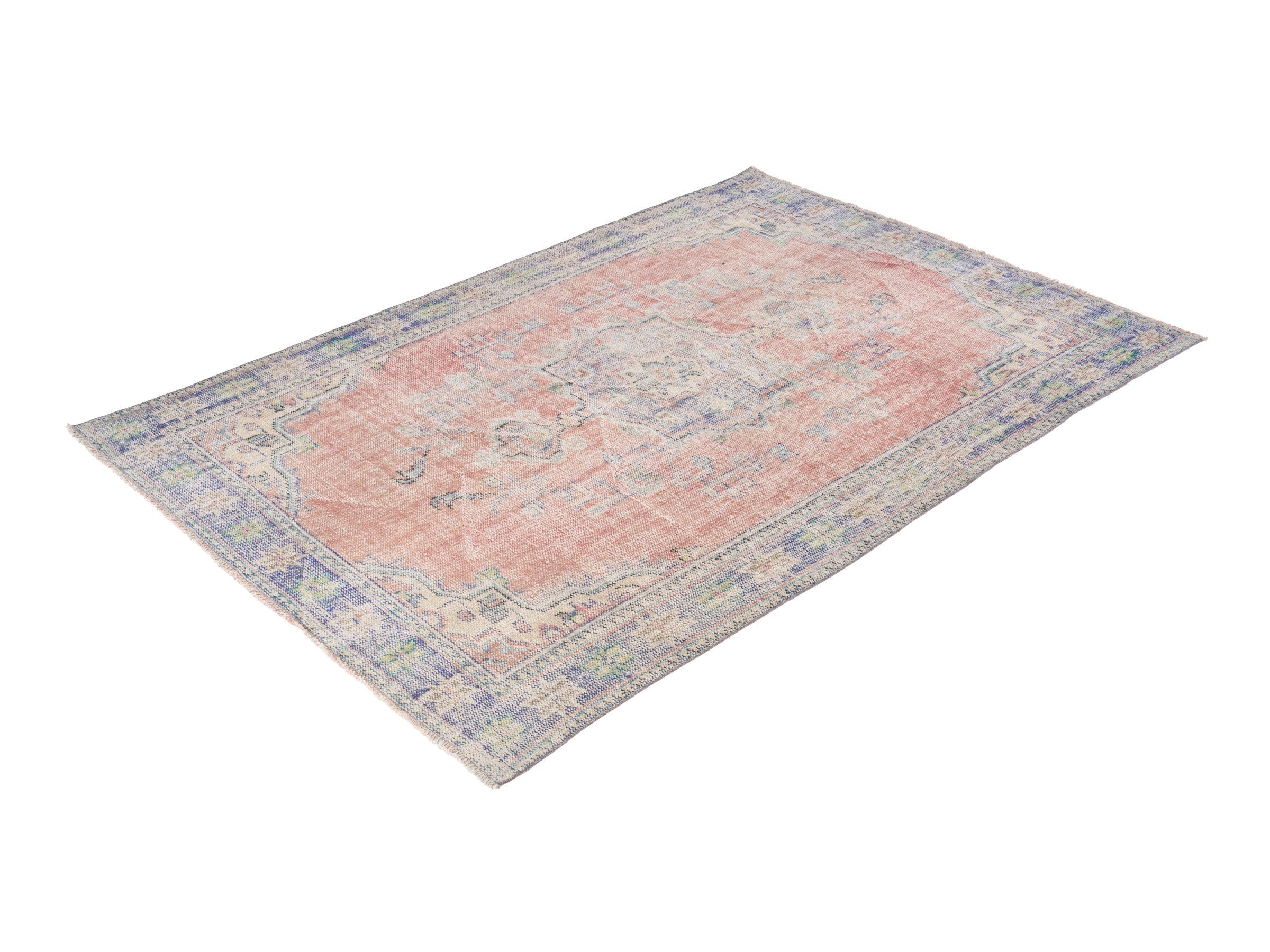 Turkish Manisa area rug in muted pink and slate blue, view 3 of 10