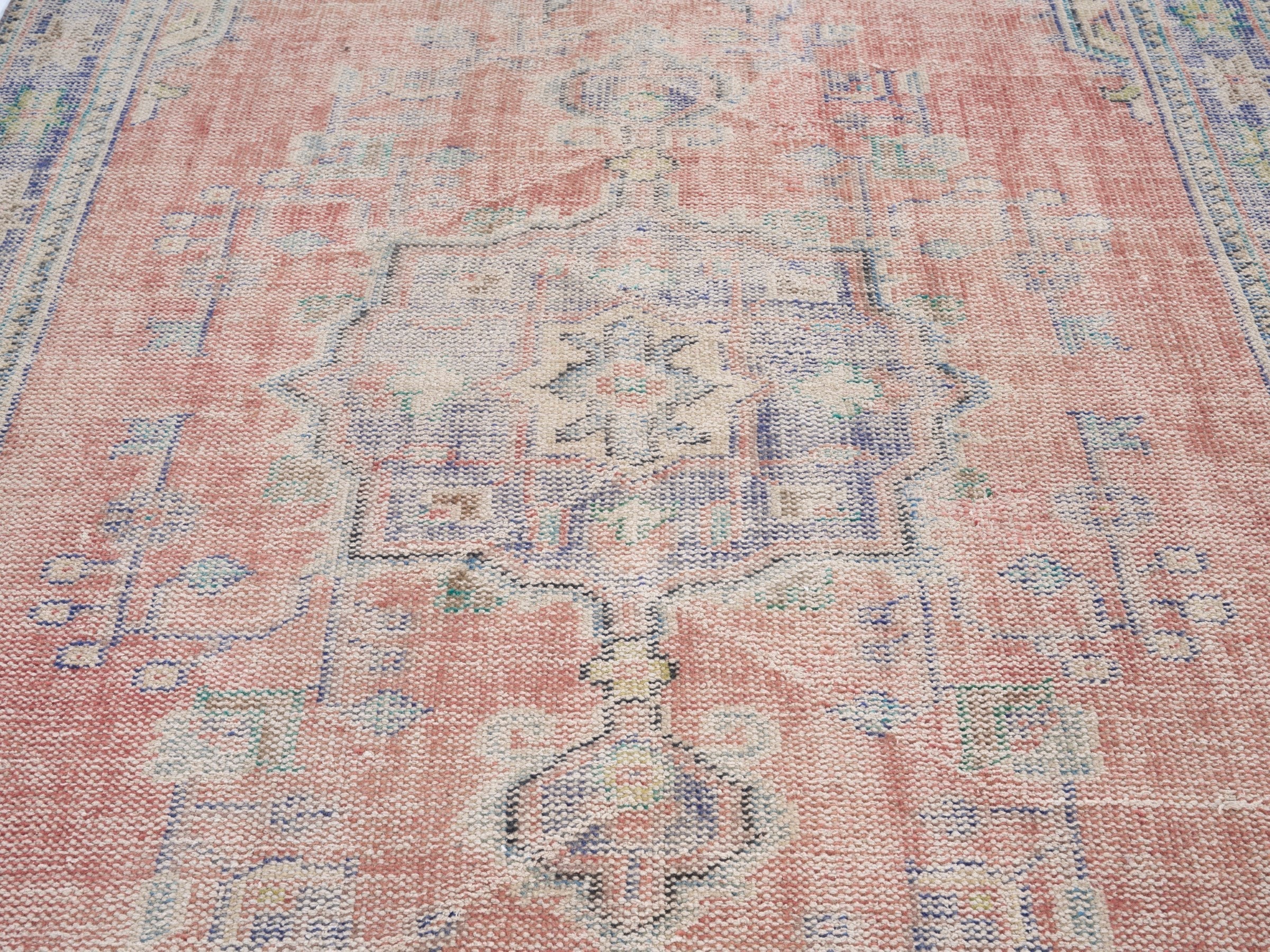 Turkish Manisa area rug in muted pink and slate blue, view 4 of 10