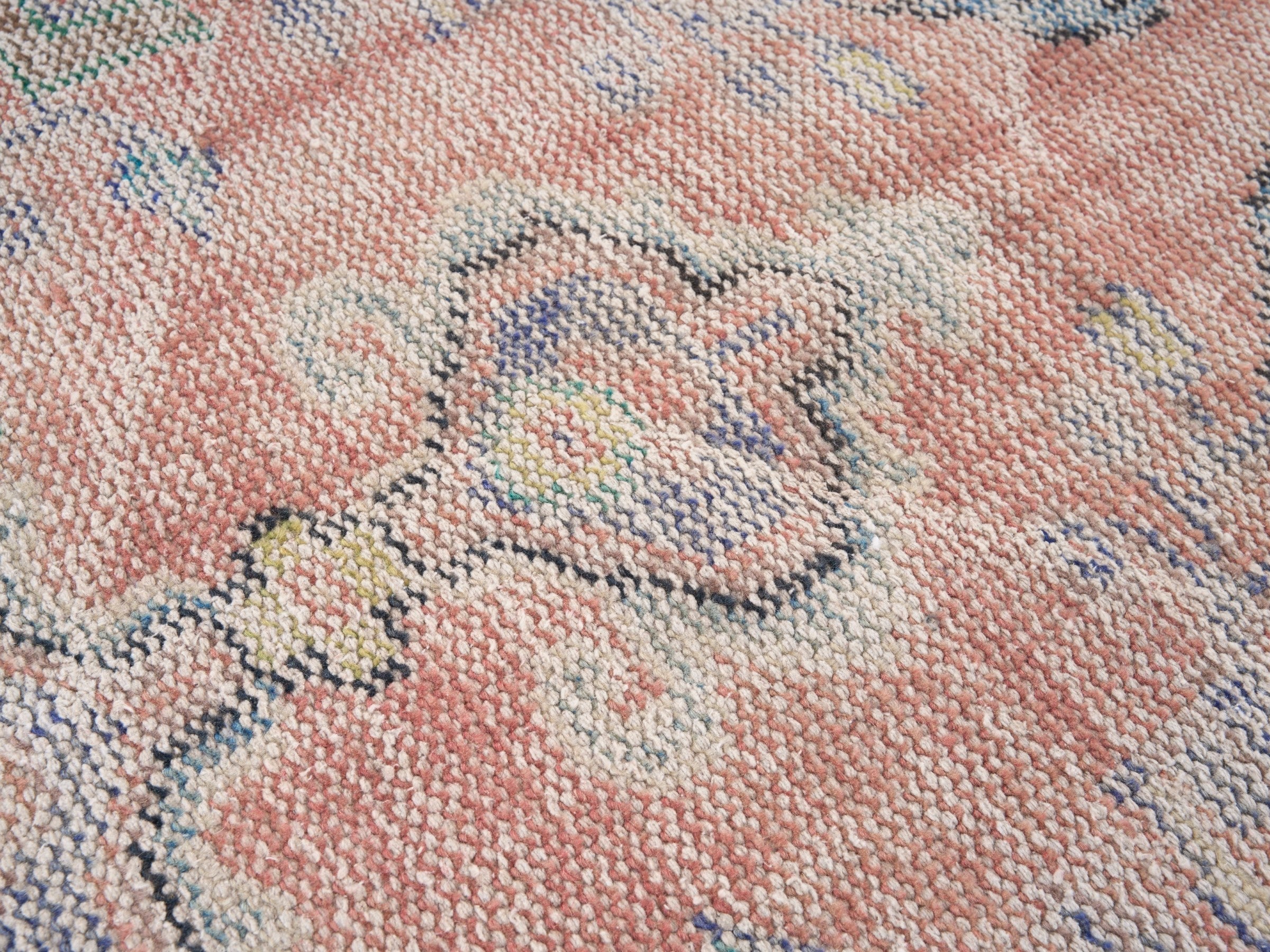 Turkish Manisa area rug in muted pink and slate blue, view 7 of 10