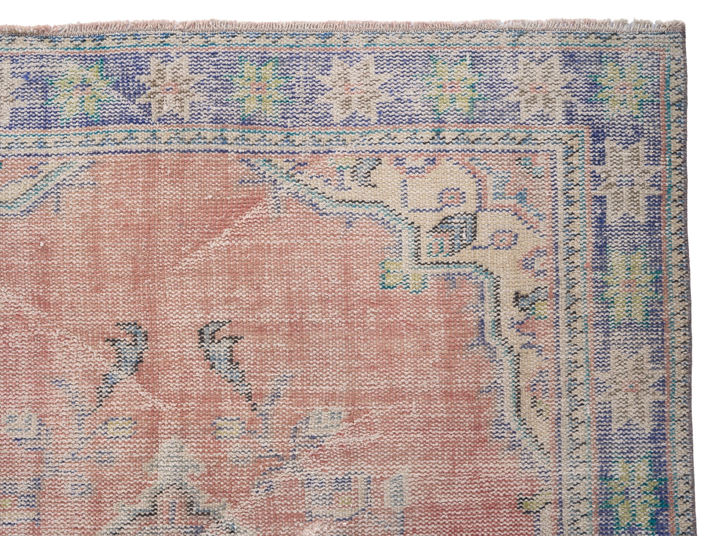 Turkish Manisa area rug in muted pink and slate blue, view 8 of 10