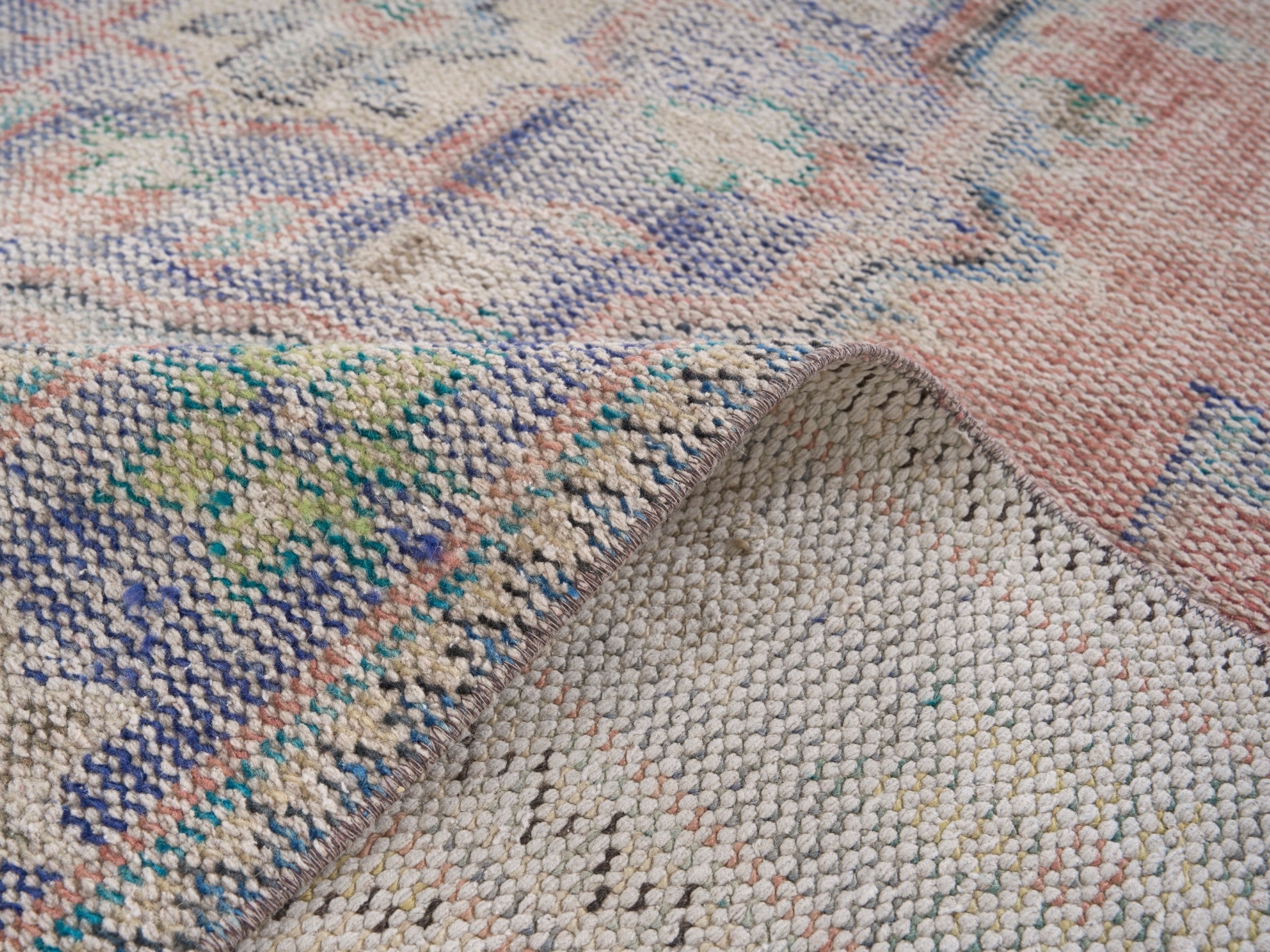 Turkish Manisa area rug in muted pink and slate blue, view 9 of 10