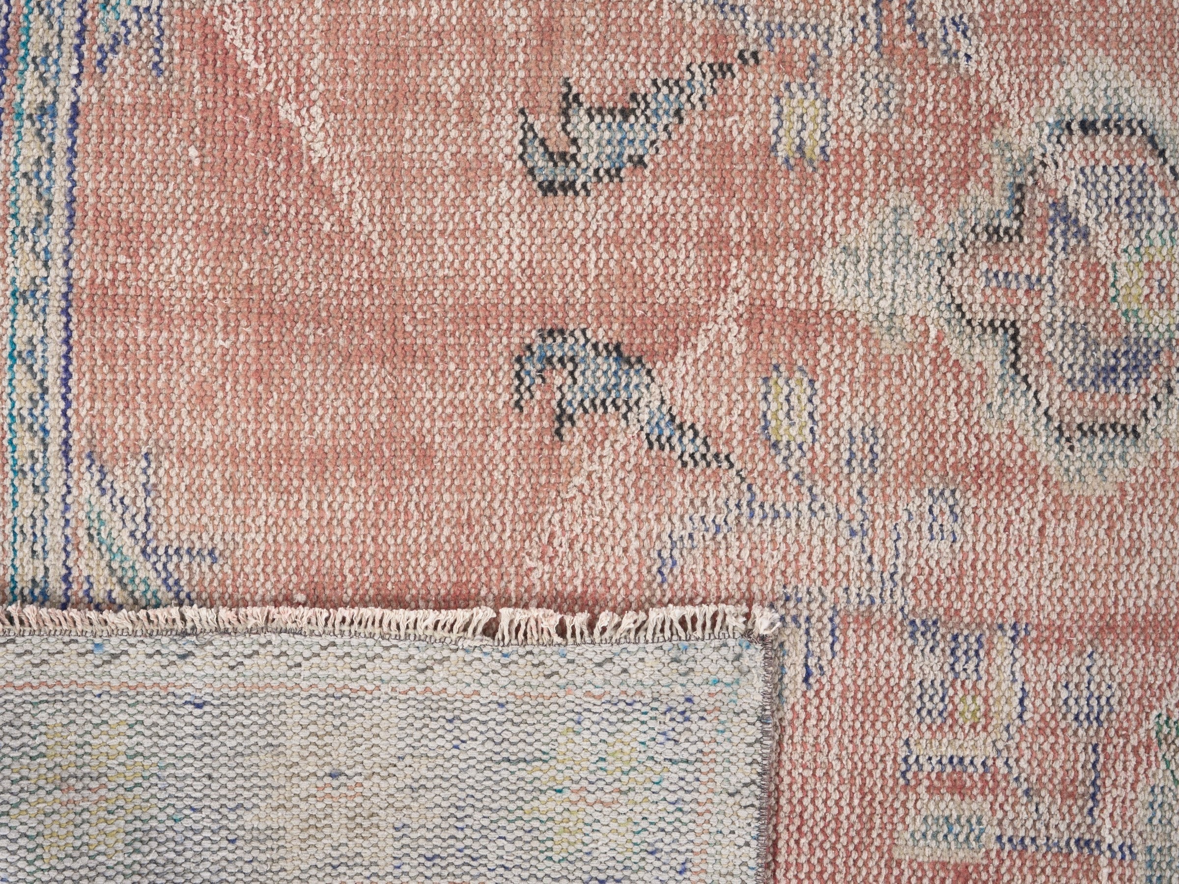 Turkish Manisa area rug in muted pink and slate blue, view 10 of 10