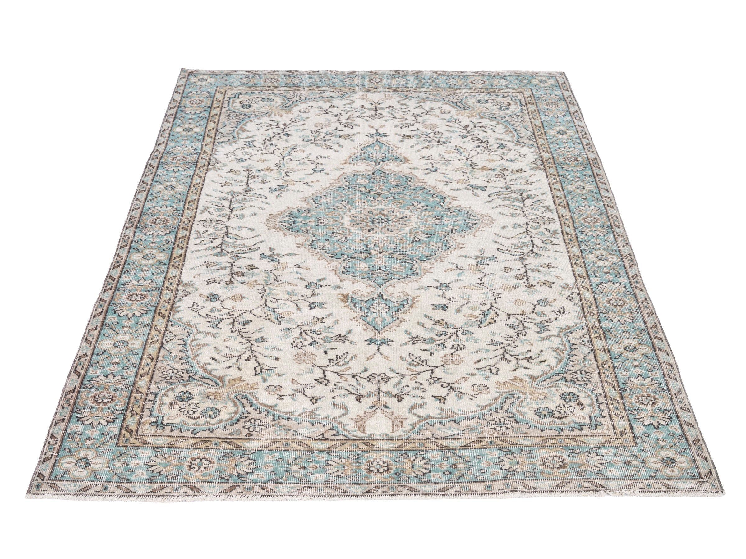 Turkish Isparta area rug in cream and teal, view 2 of 10