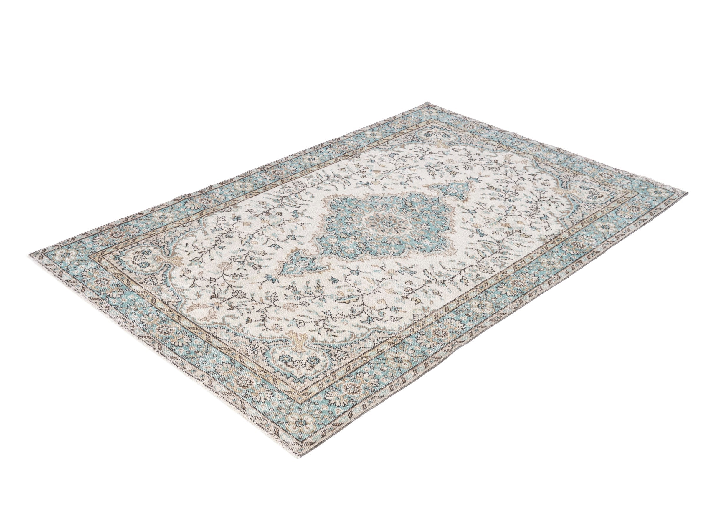Turkish Isparta area rug in cream and teal, view 3 of 10