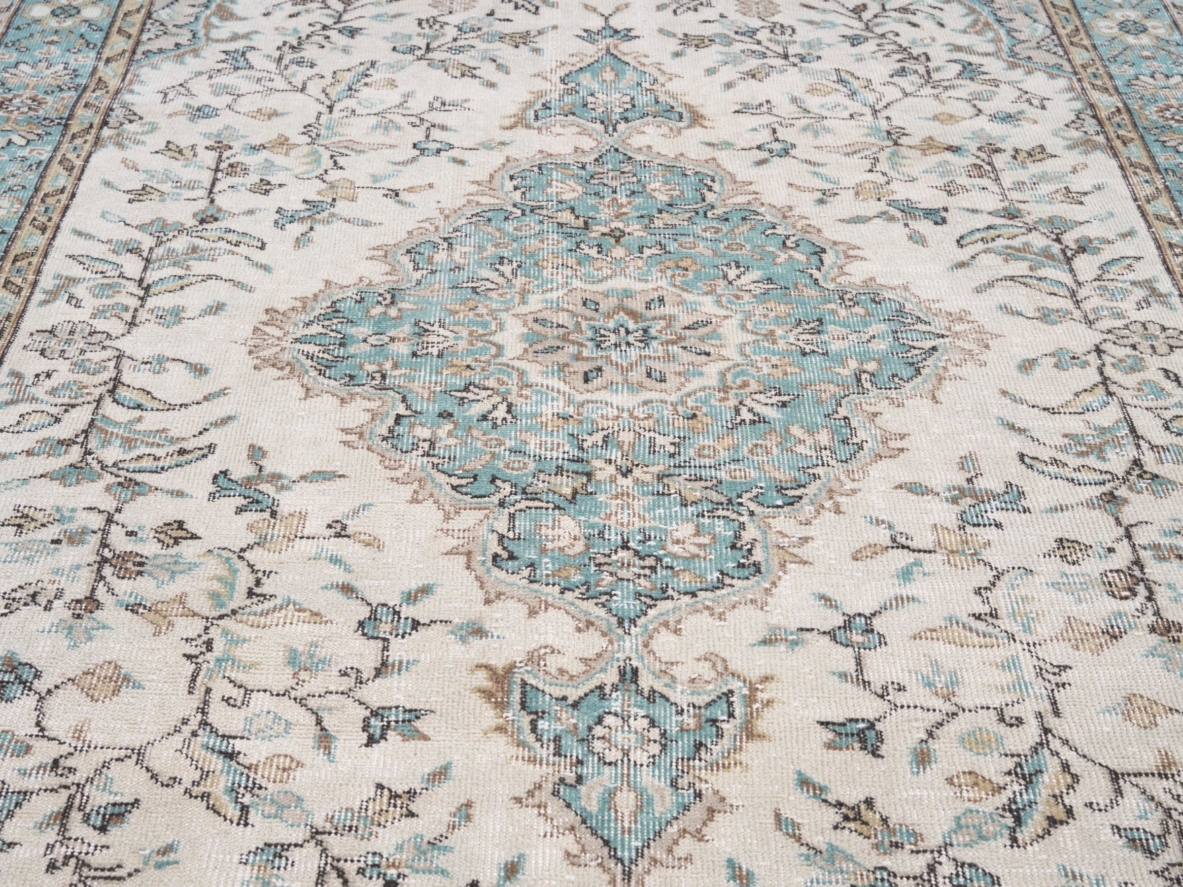 Turkish Isparta area rug in cream and teal, view 4 of 10