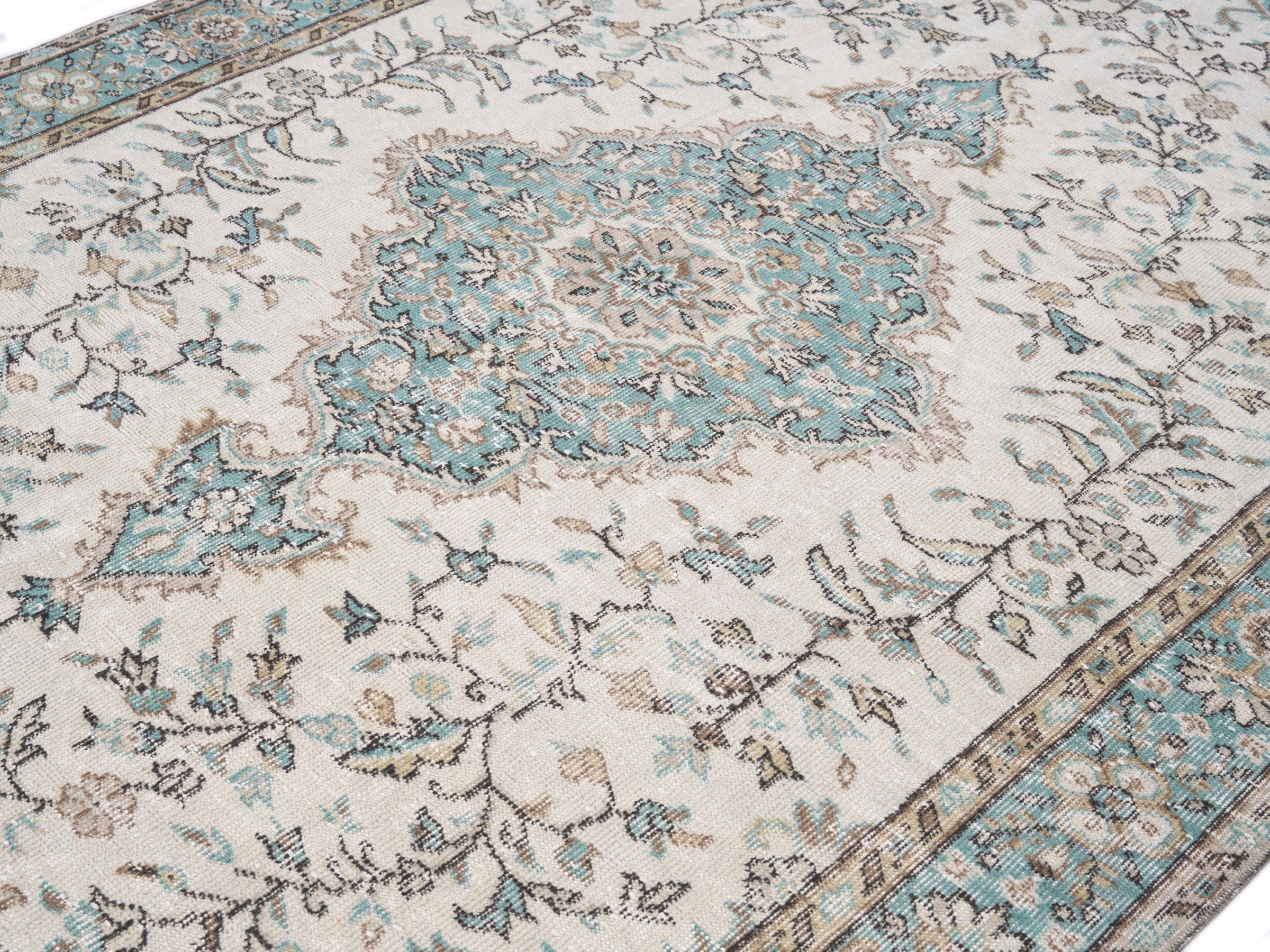 Turkish Isparta area rug in cream and teal, view 5 of 10