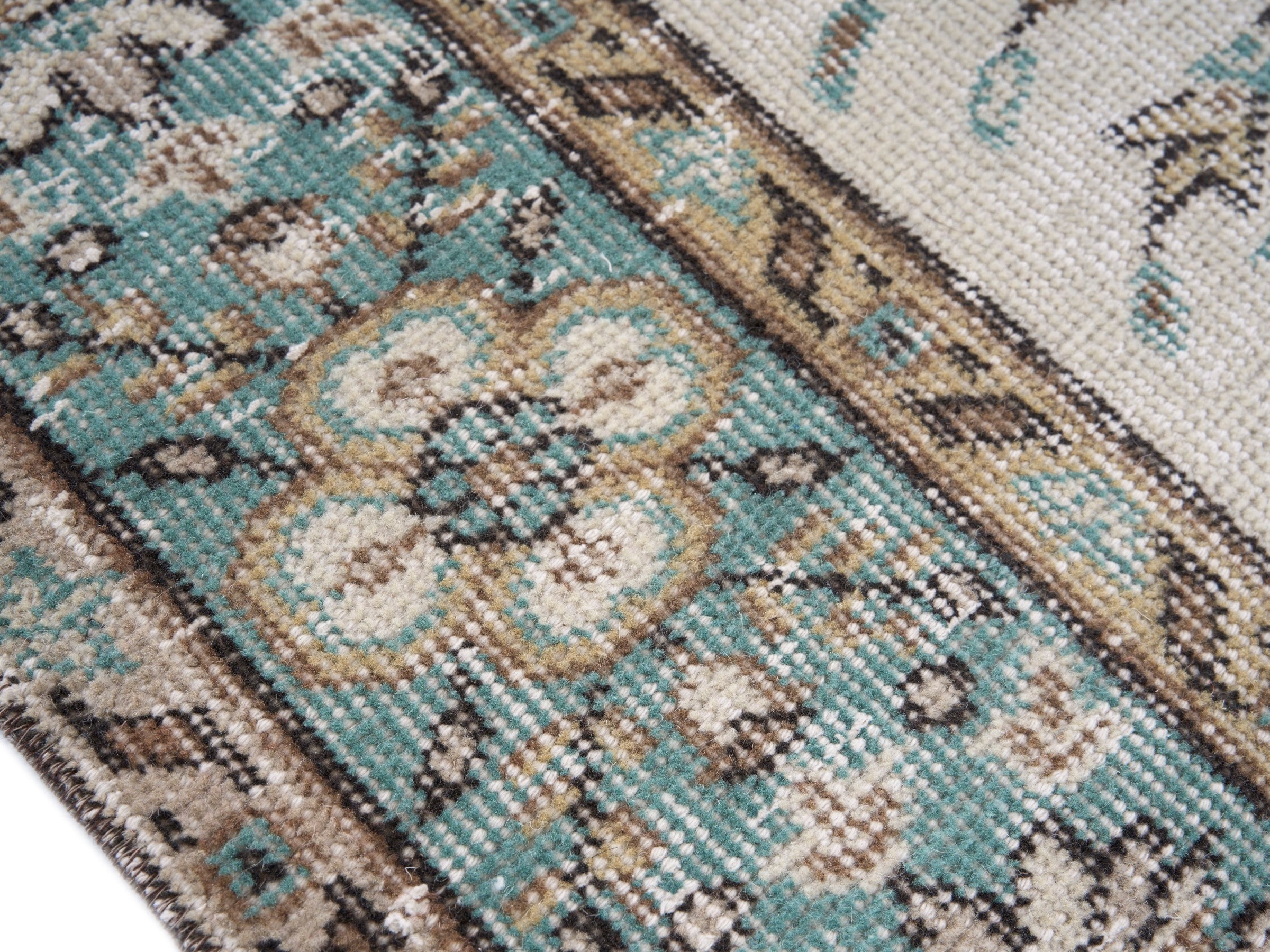 Turkish Isparta area rug in cream and teal, view 6 of 10