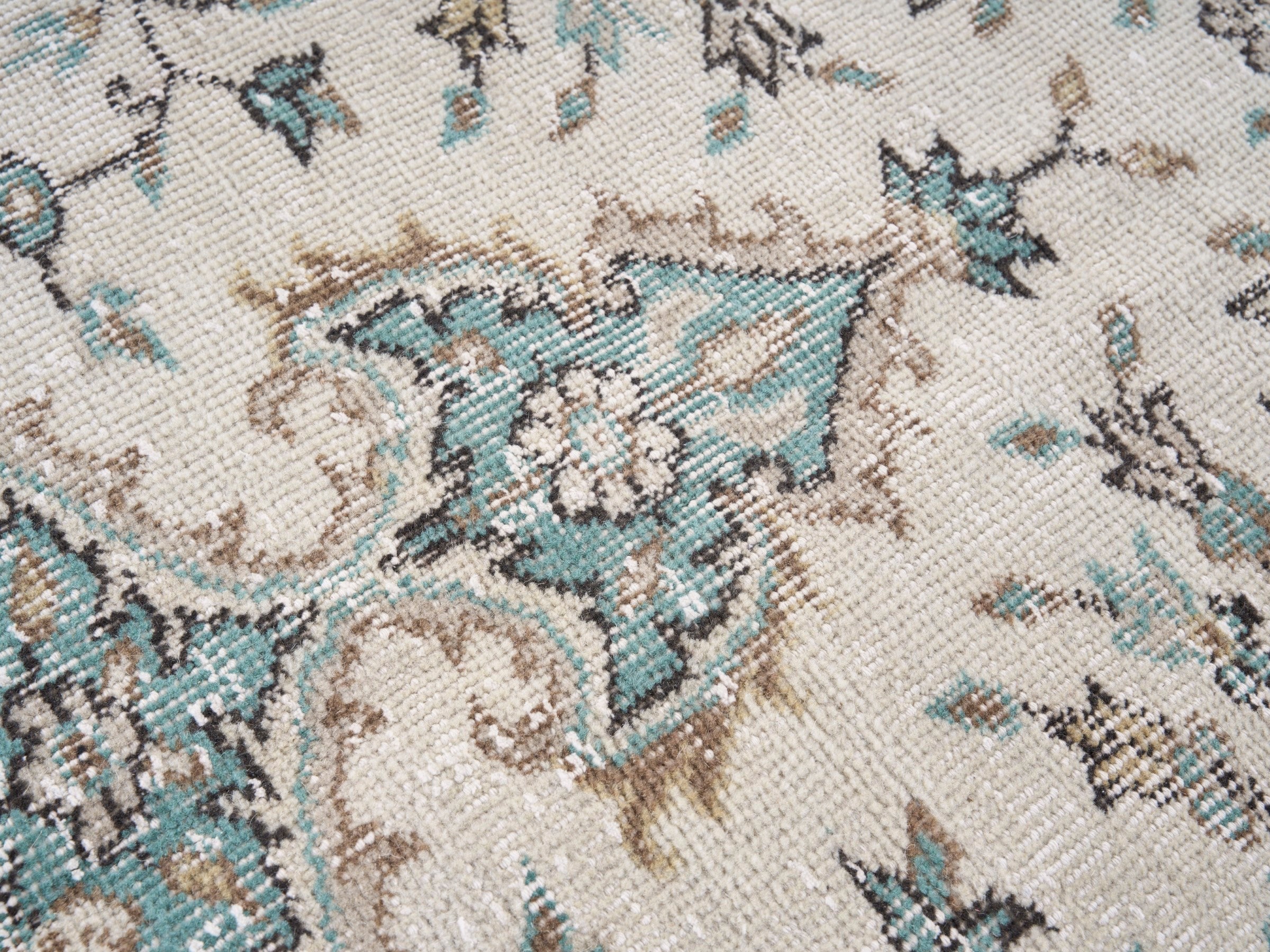 Turkish Isparta area rug in cream and teal, view 7 of 10