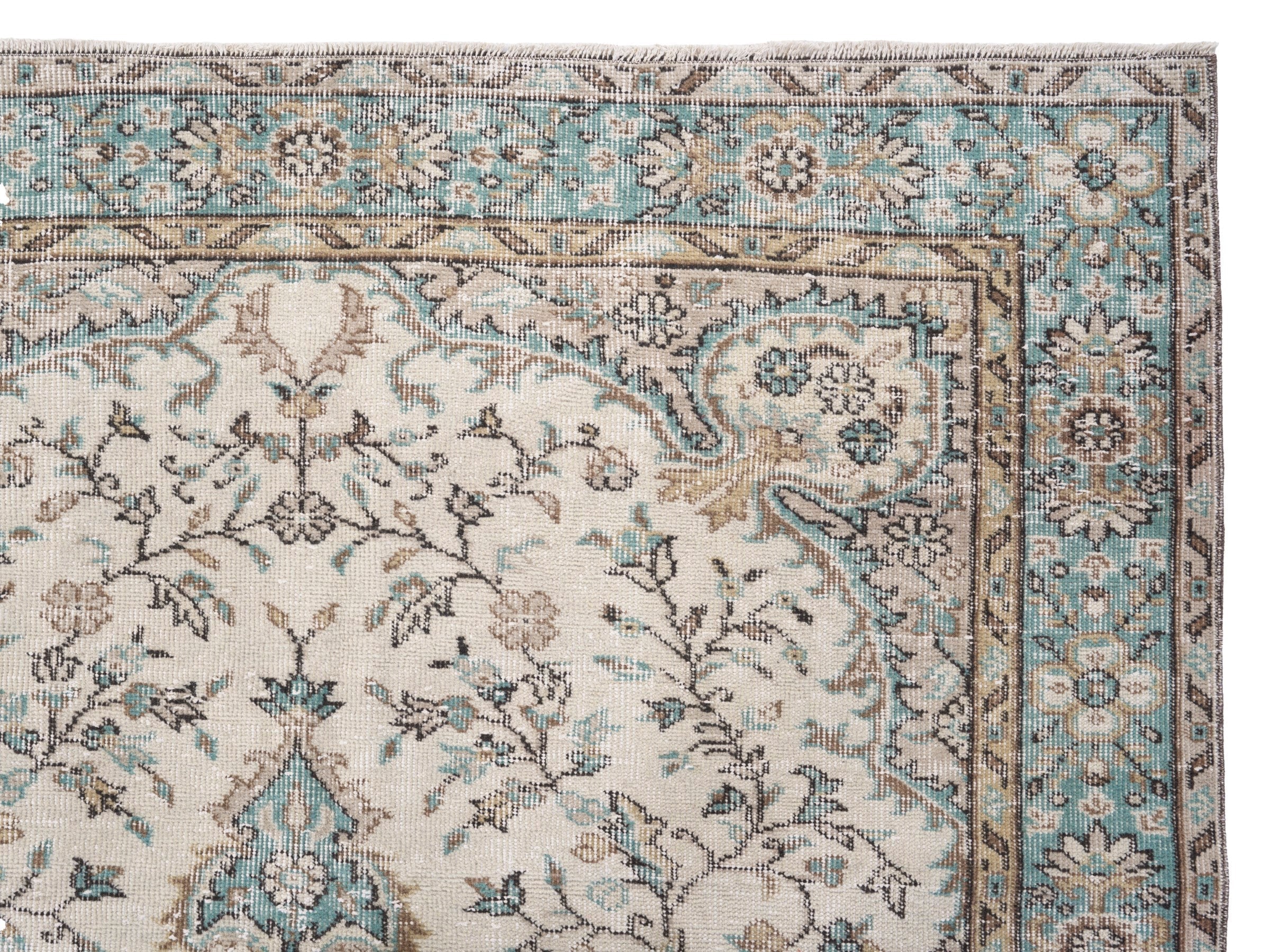 Turkish Isparta area rug in cream and teal, view 8 of 10