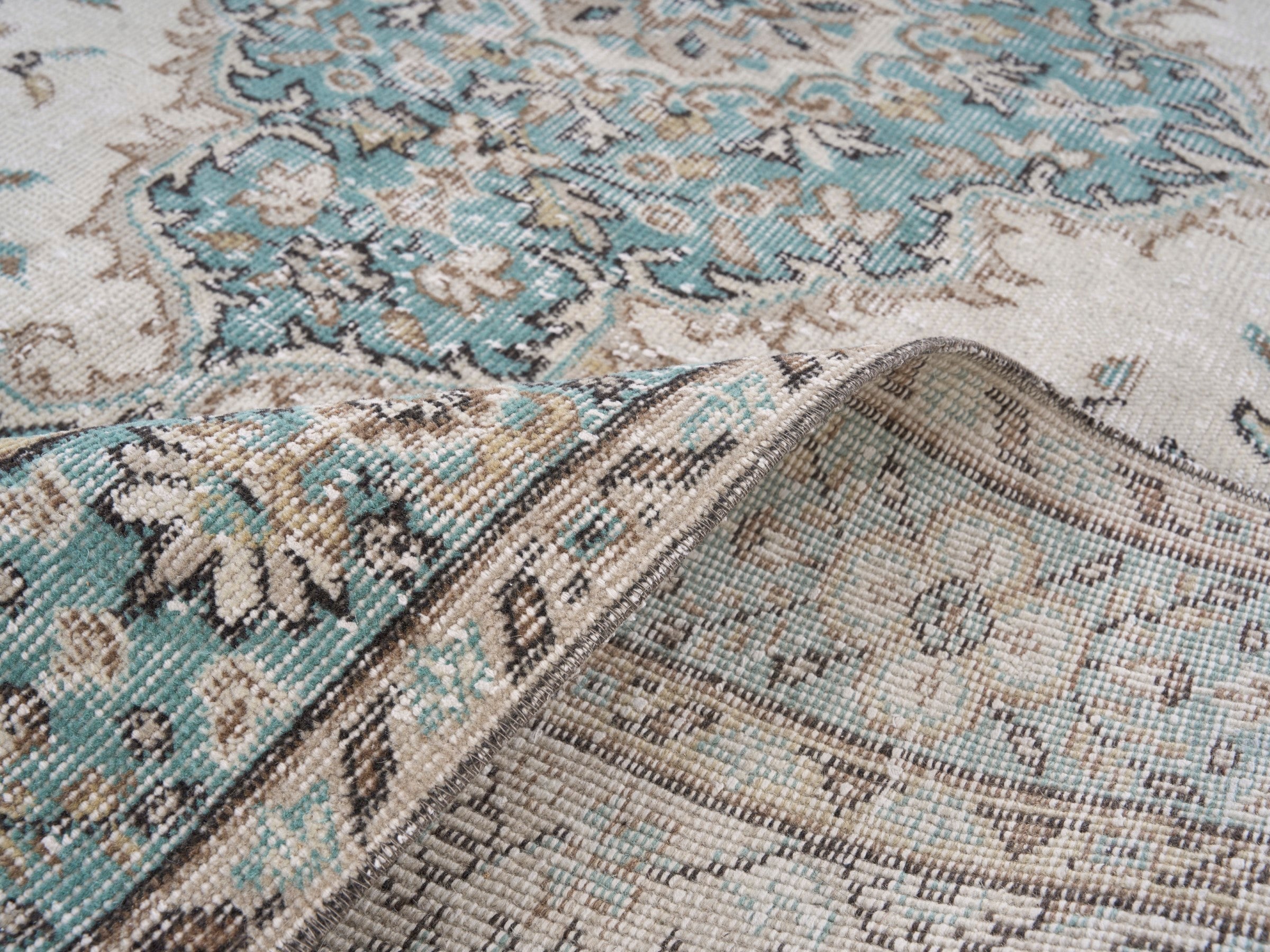 Turkish Isparta area rug in cream and teal, view 9 of 10