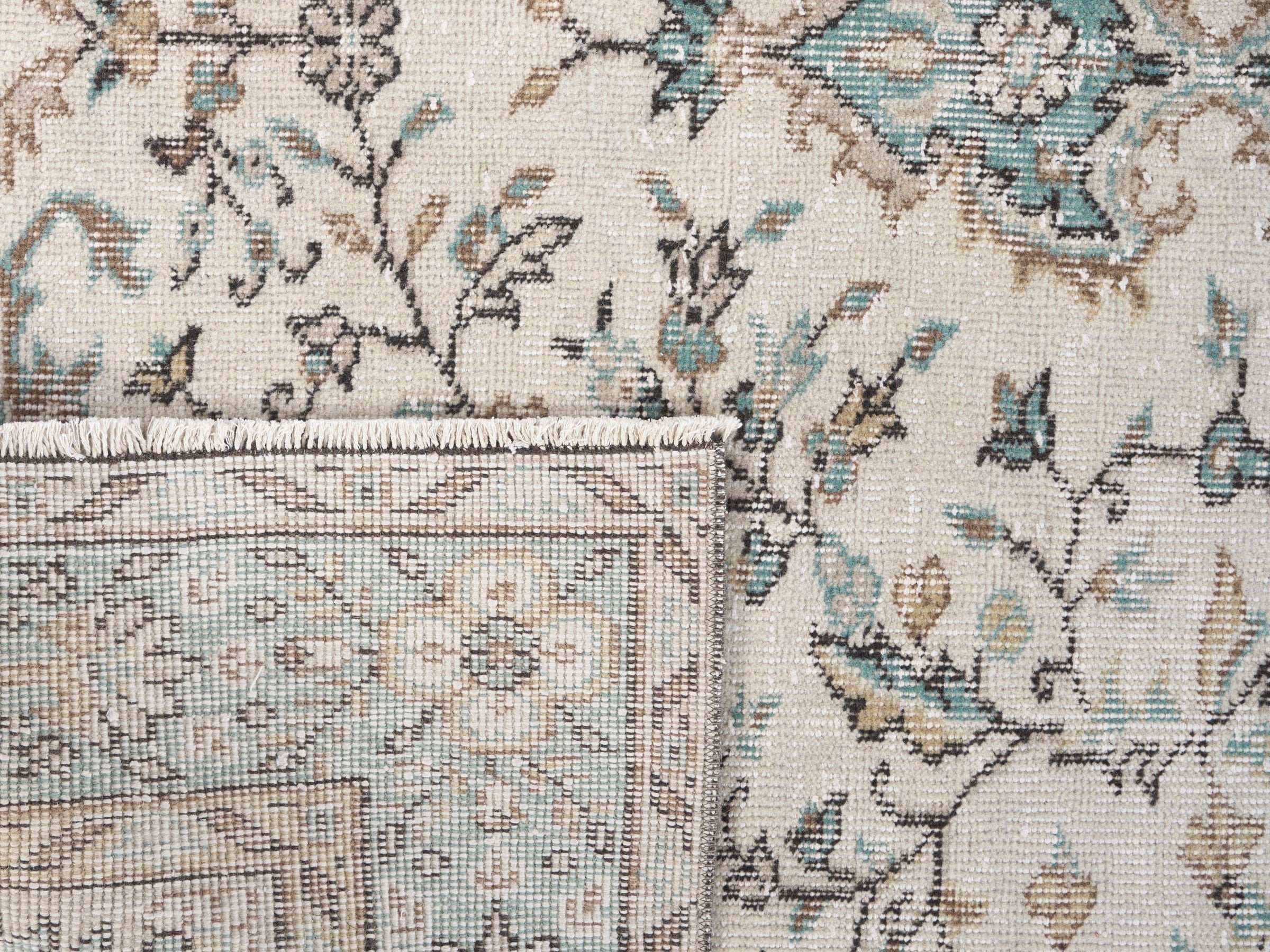 Turkish Isparta area rug in cream and teal, view 10 of 10