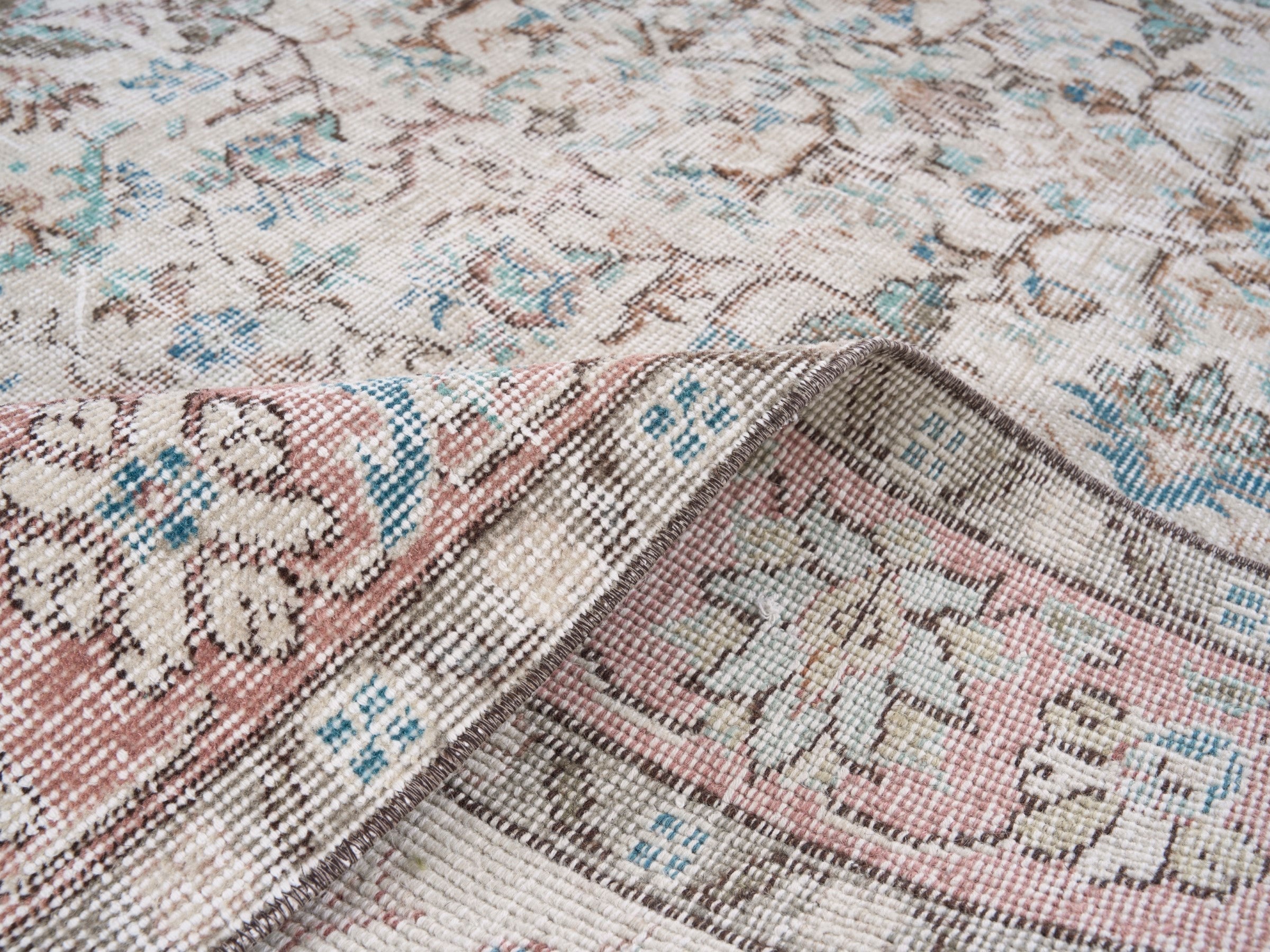 Turkish Isparta area rug in cream and muted pink, view 9 of 10