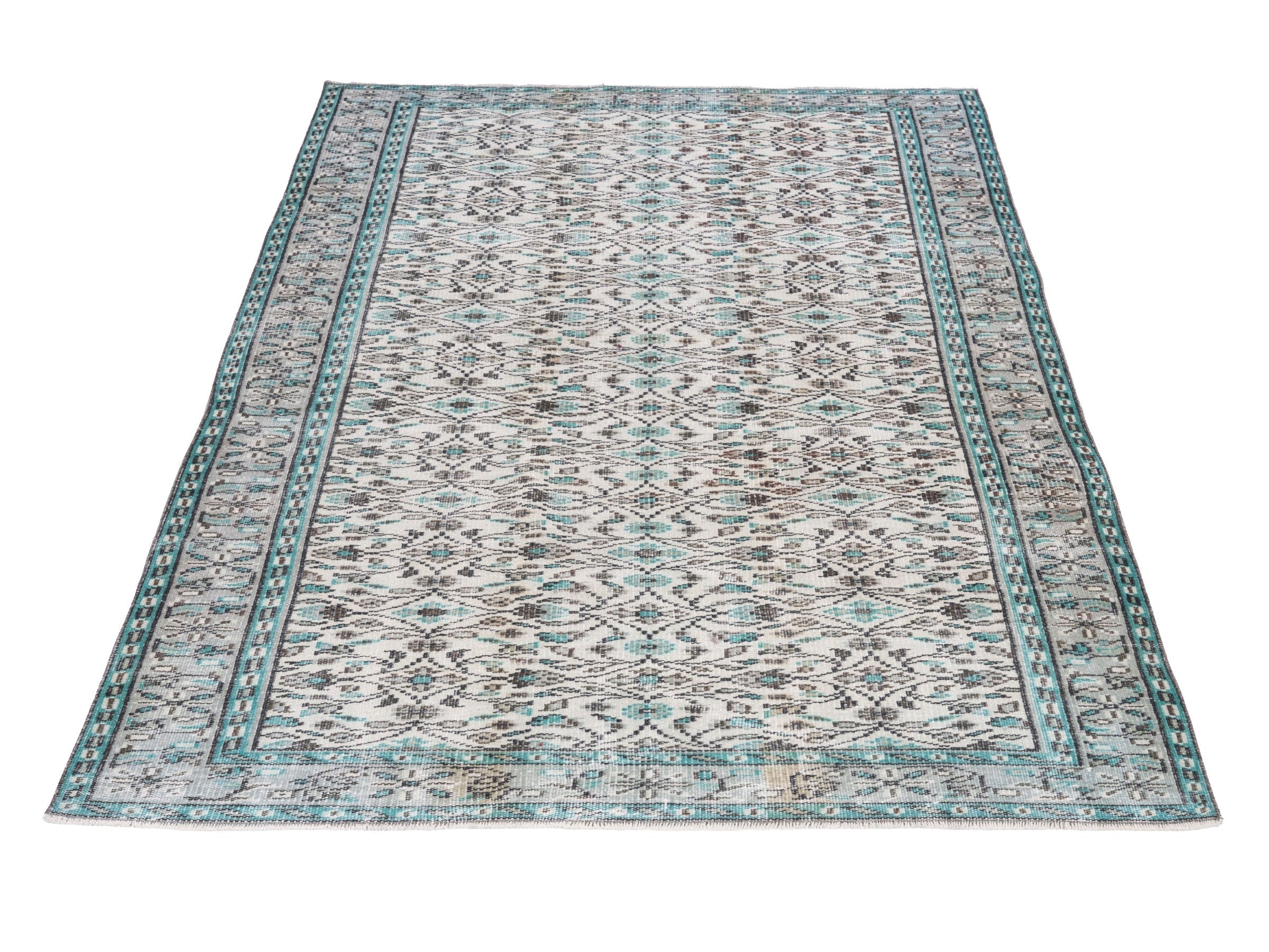 Turkish Manisa area rug in ivory and teal, view 2 of 10