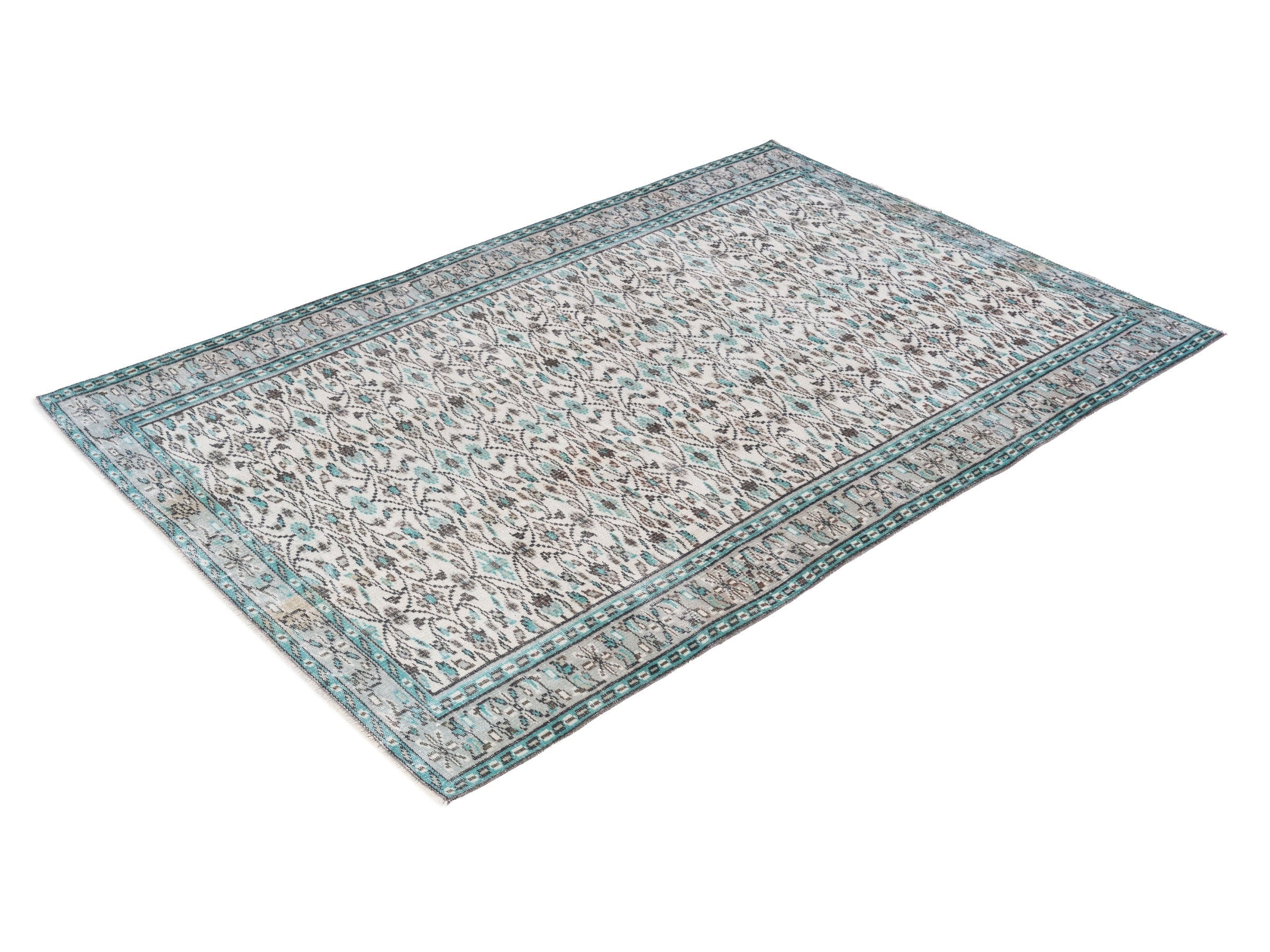 Turkish Manisa area rug in ivory and teal, view 3 of 10