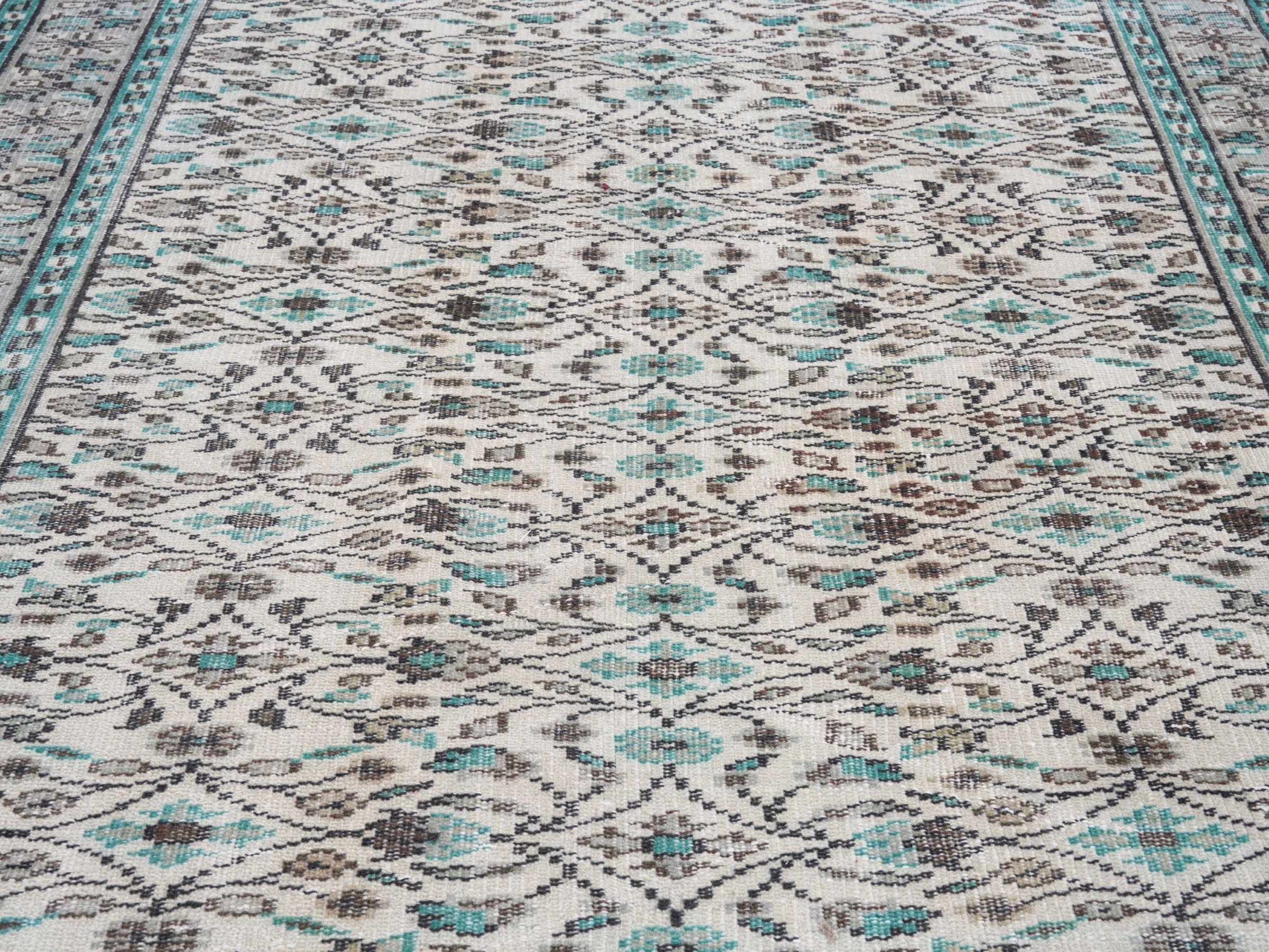 Turkish Manisa area rug in ivory and teal, view 4 of 10