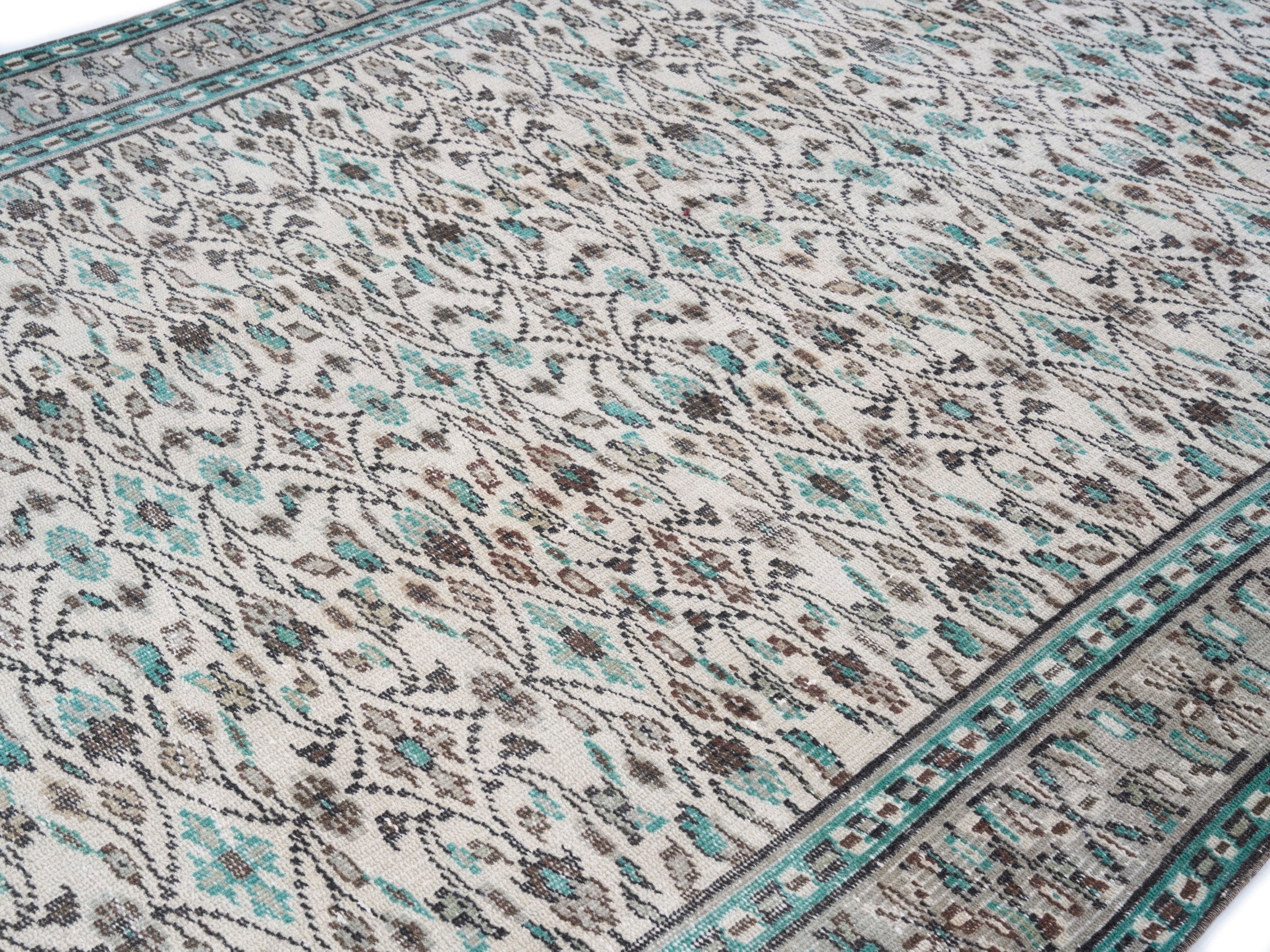 Turkish Manisa area rug in ivory and teal, view 5 of 10