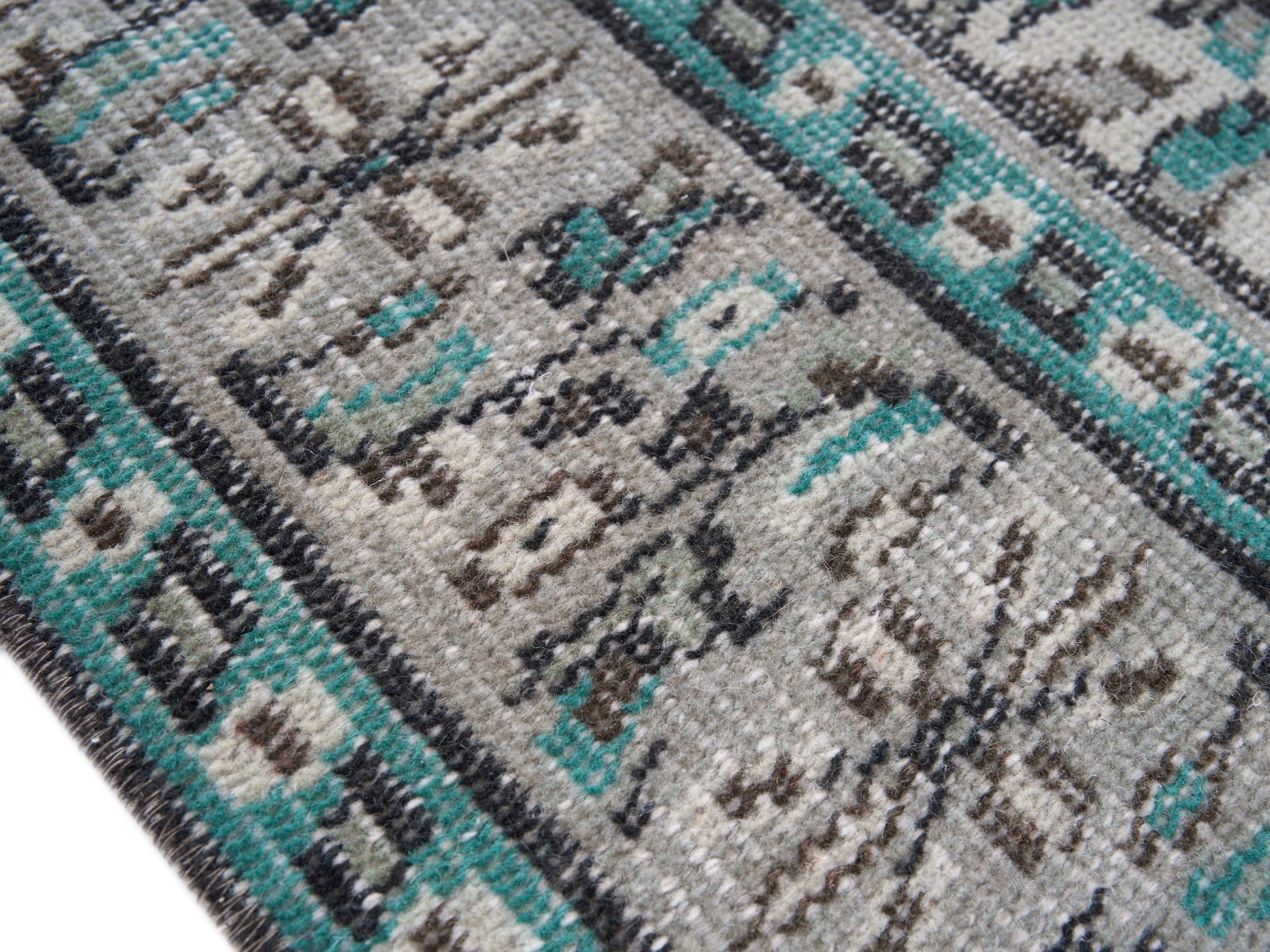 Turkish Manisa area rug in ivory and teal, view 6 of 10
