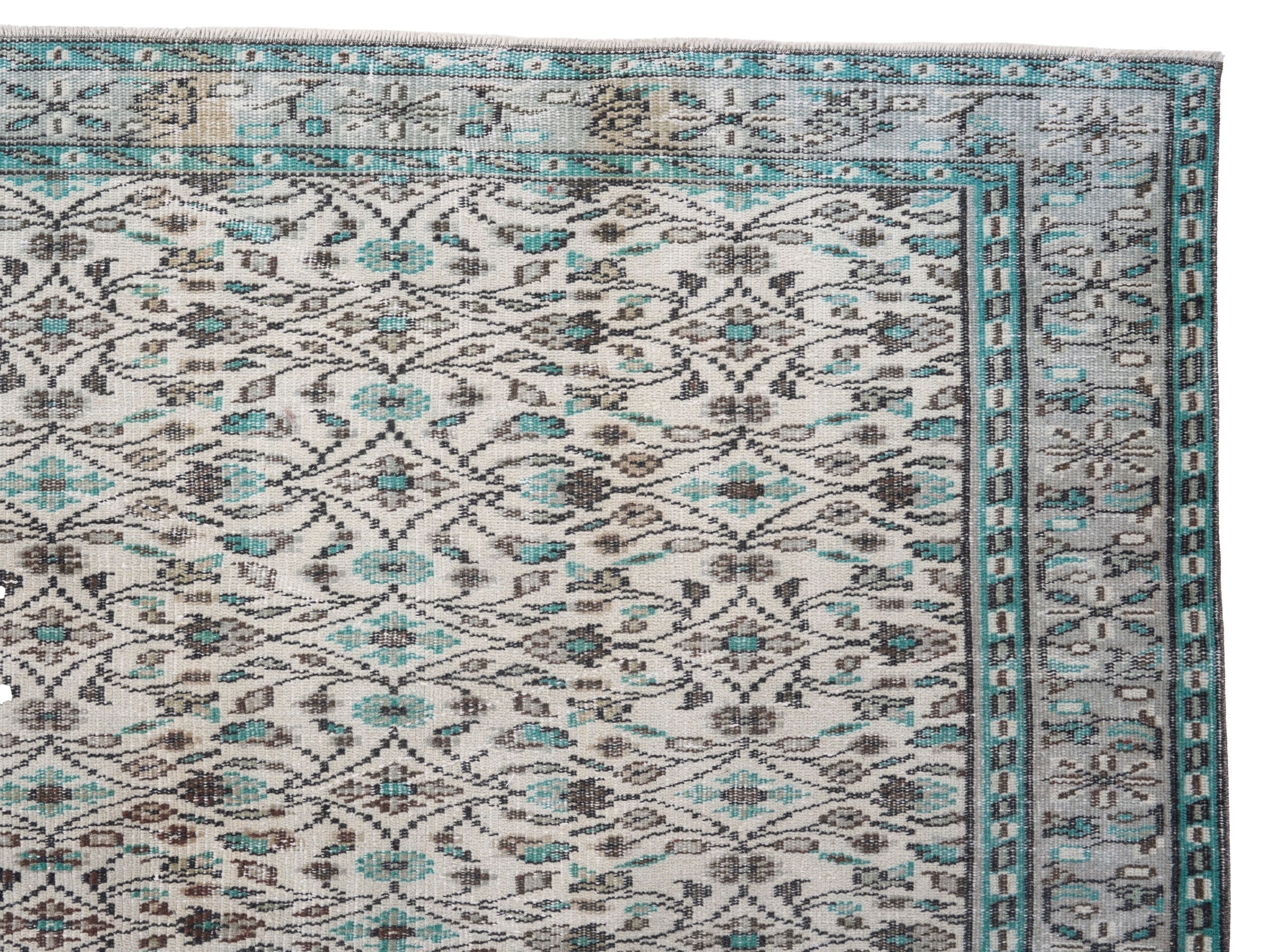 Turkish Manisa area rug in ivory and teal, view 8 of 10