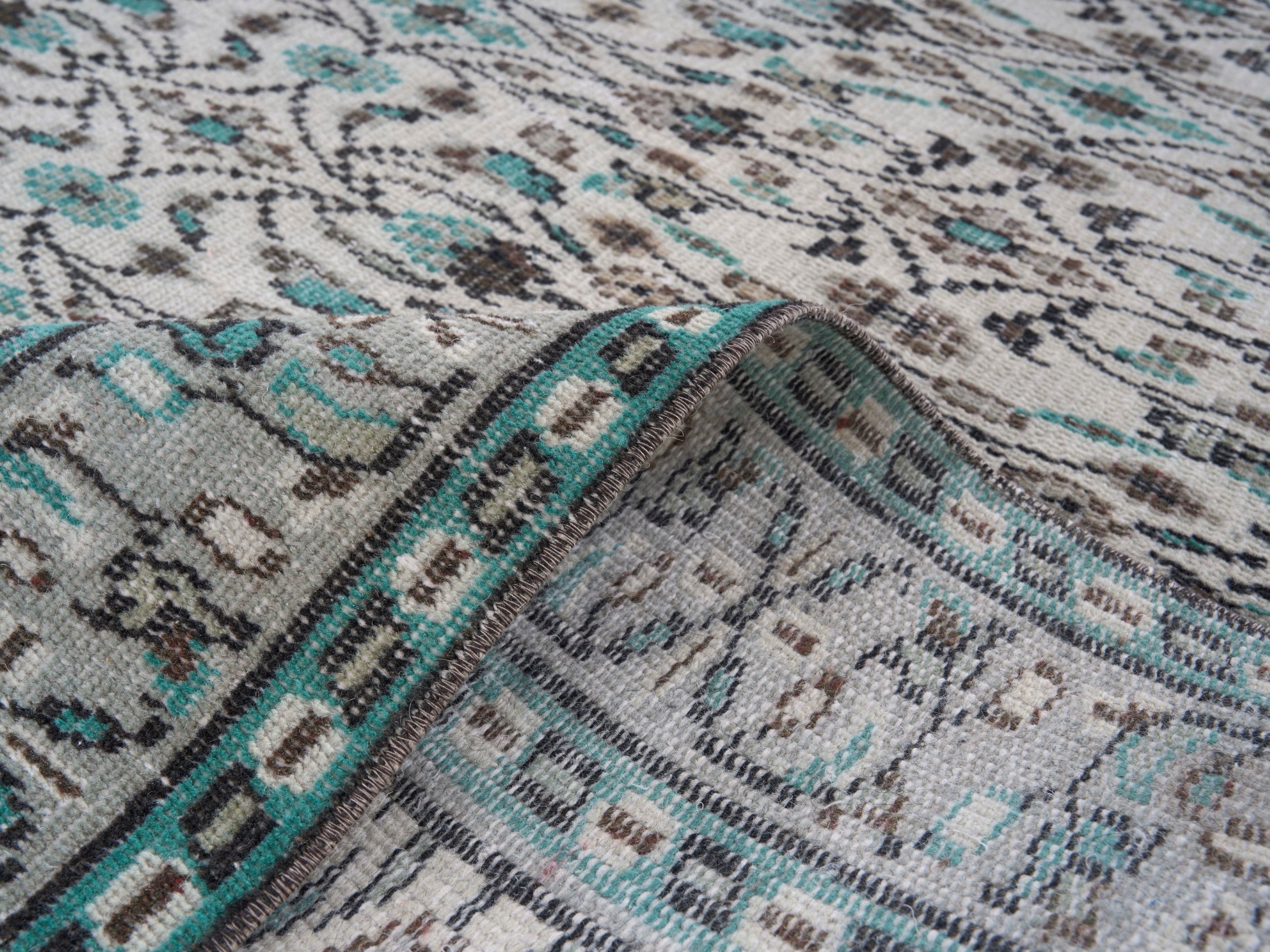 Turkish Manisa area rug in ivory and teal, view 9 of 10