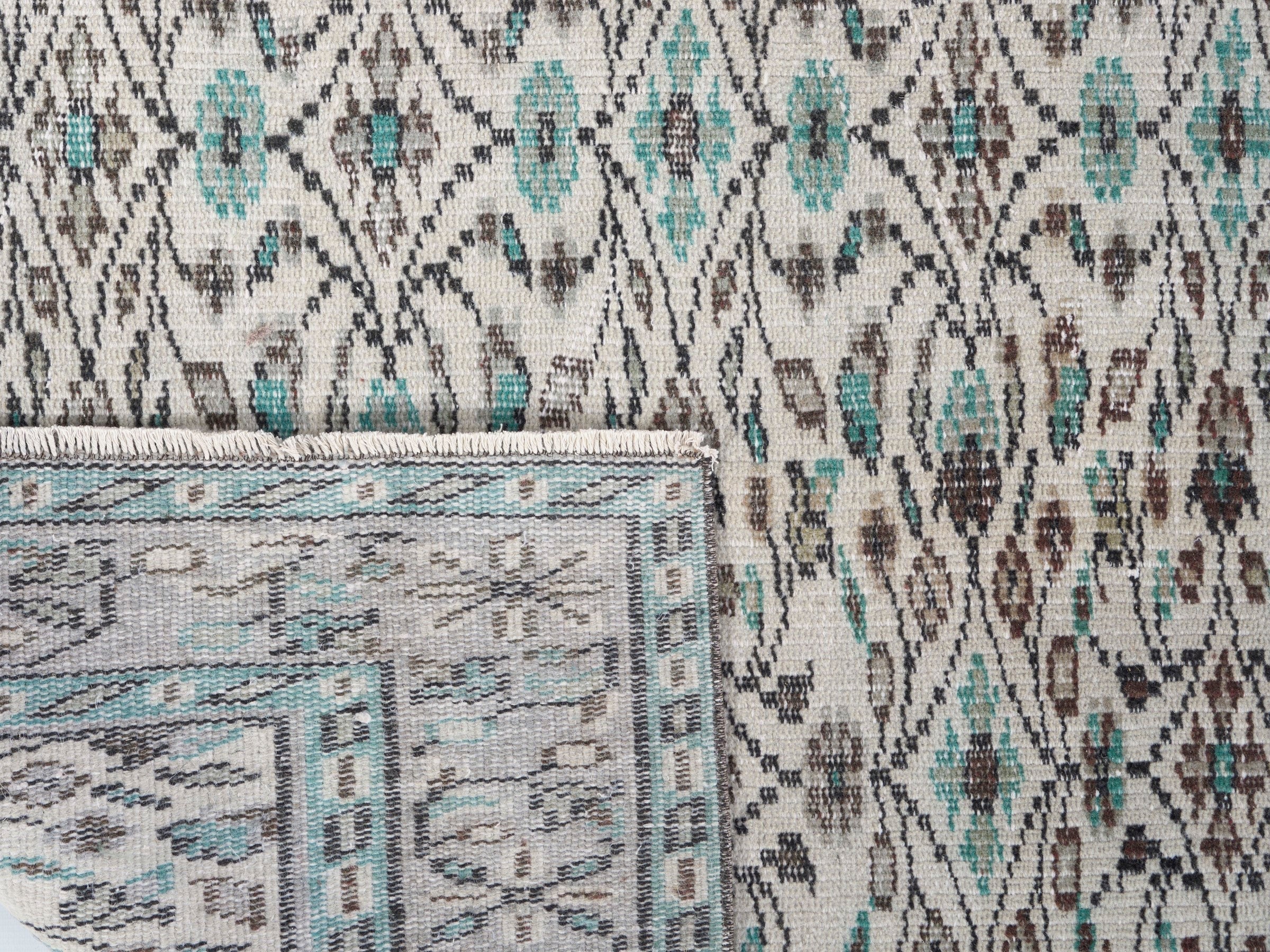 Turkish Manisa area rug in ivory and teal, view 10 of 10