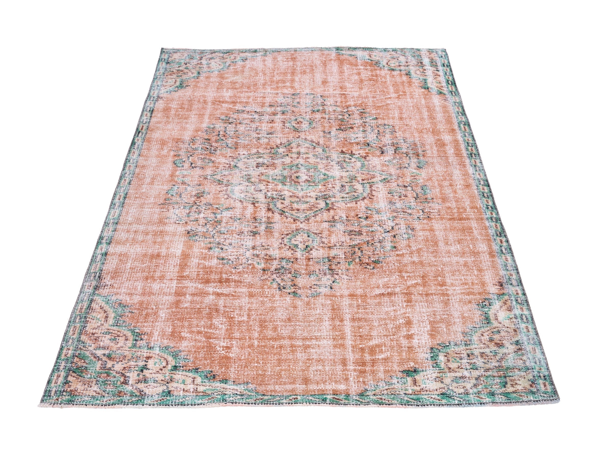 Turkish Manisa area rug in salmon and teal, view 2 of 10