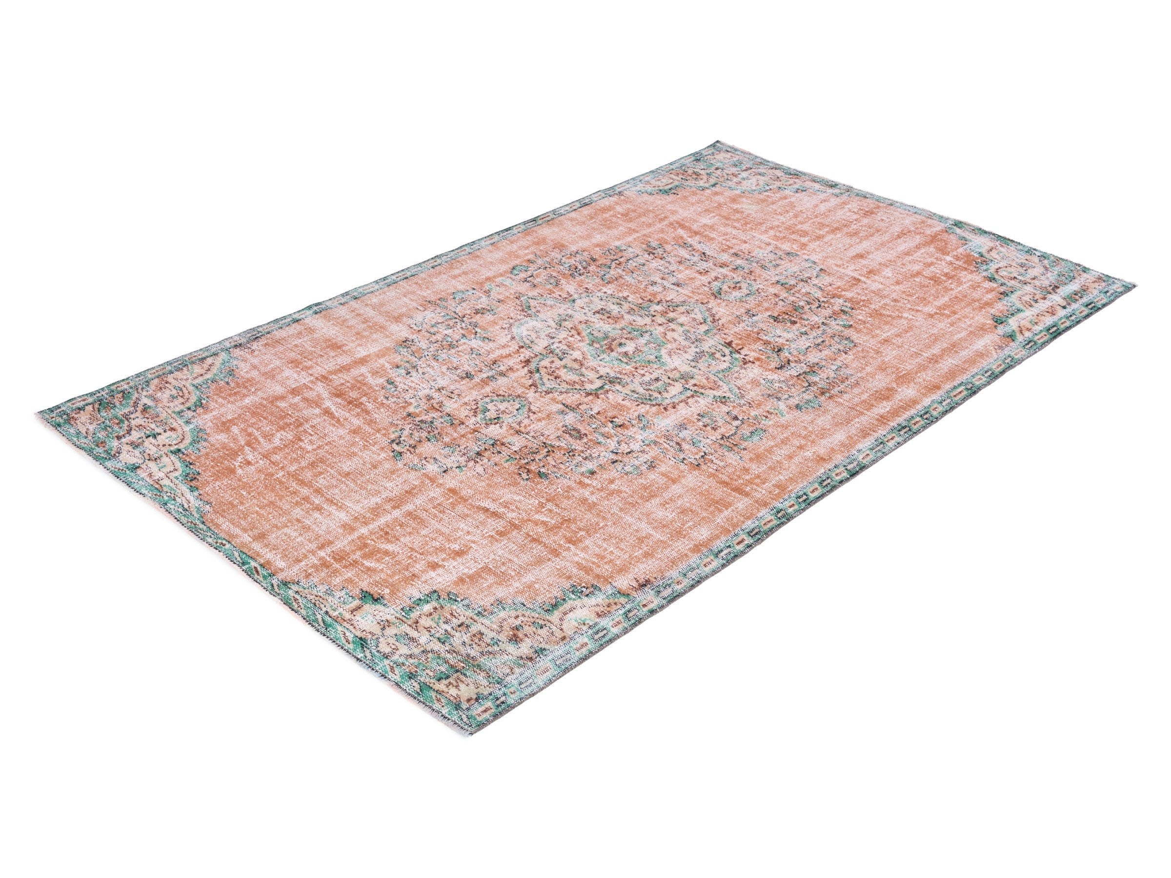 Turkish Manisa area rug in salmon and teal, view 3 of 10