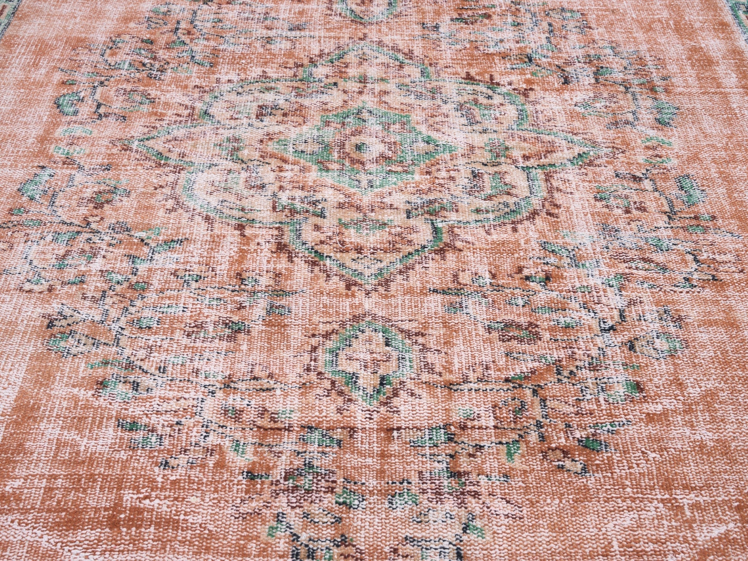 Turkish Manisa area rug in salmon and teal, view 4 of 10