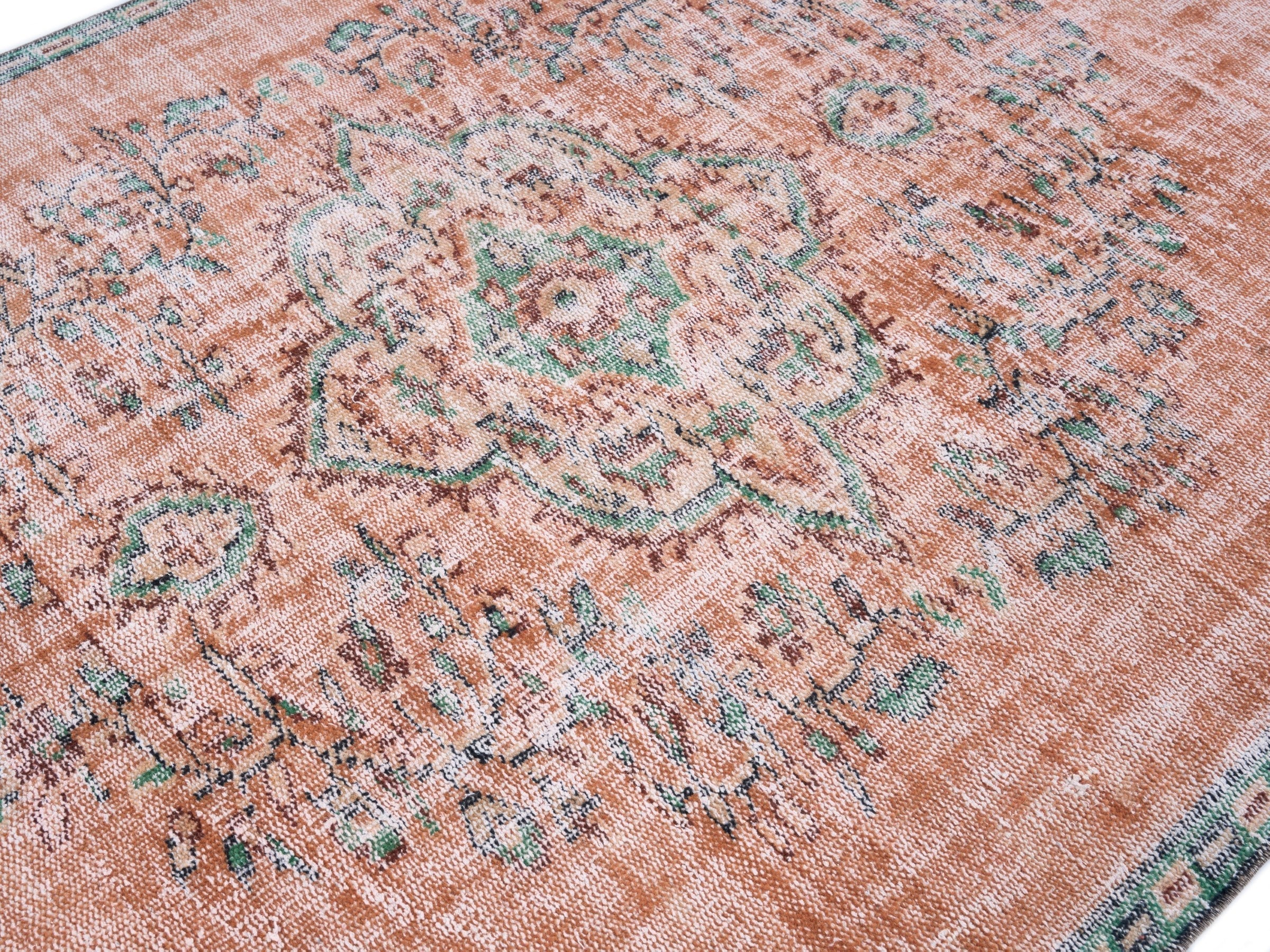 Turkish Manisa area rug in salmon and teal, view 5 of 10