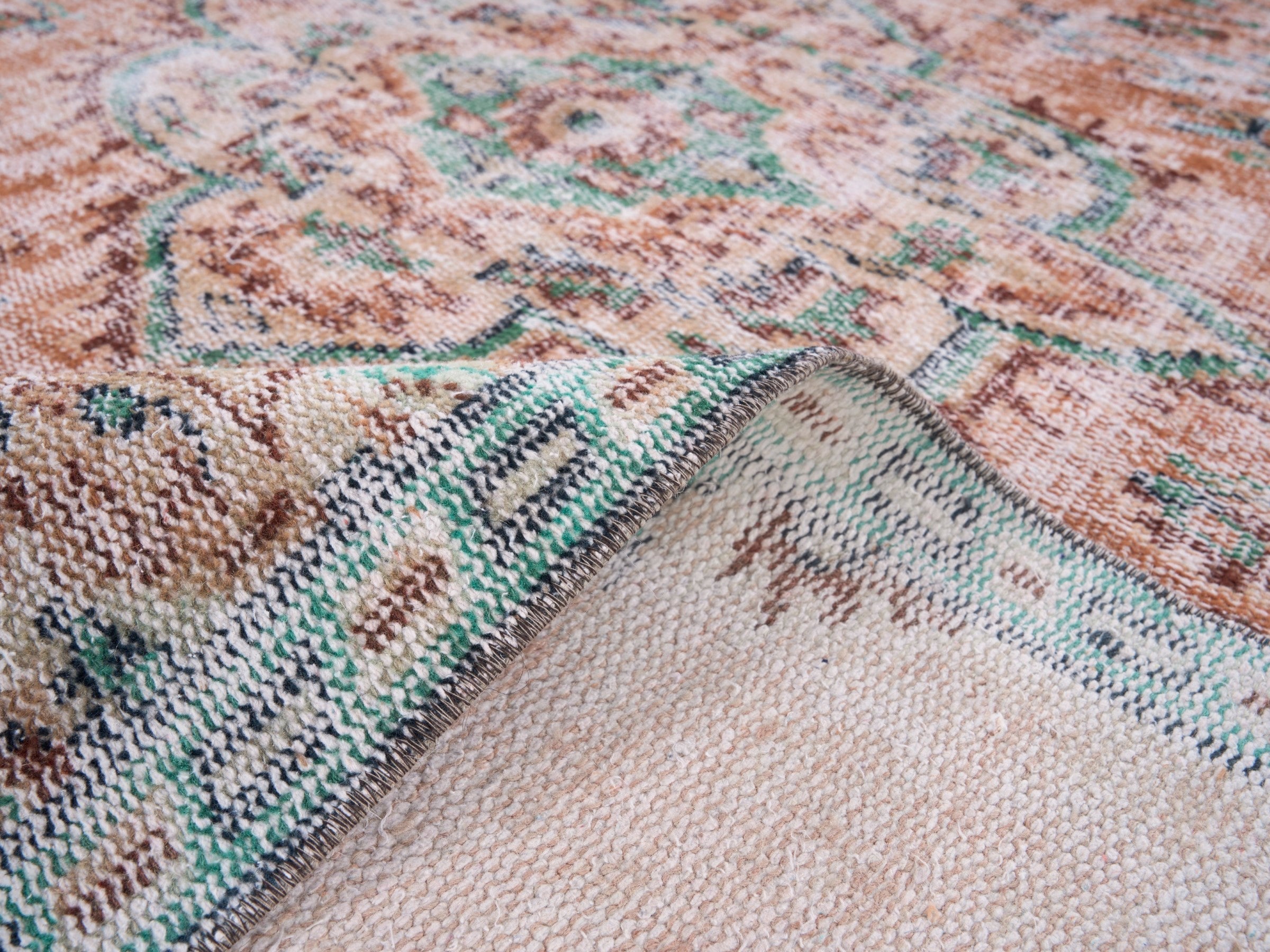 Turkish Manisa area rug in salmon and teal, view 9 of 10