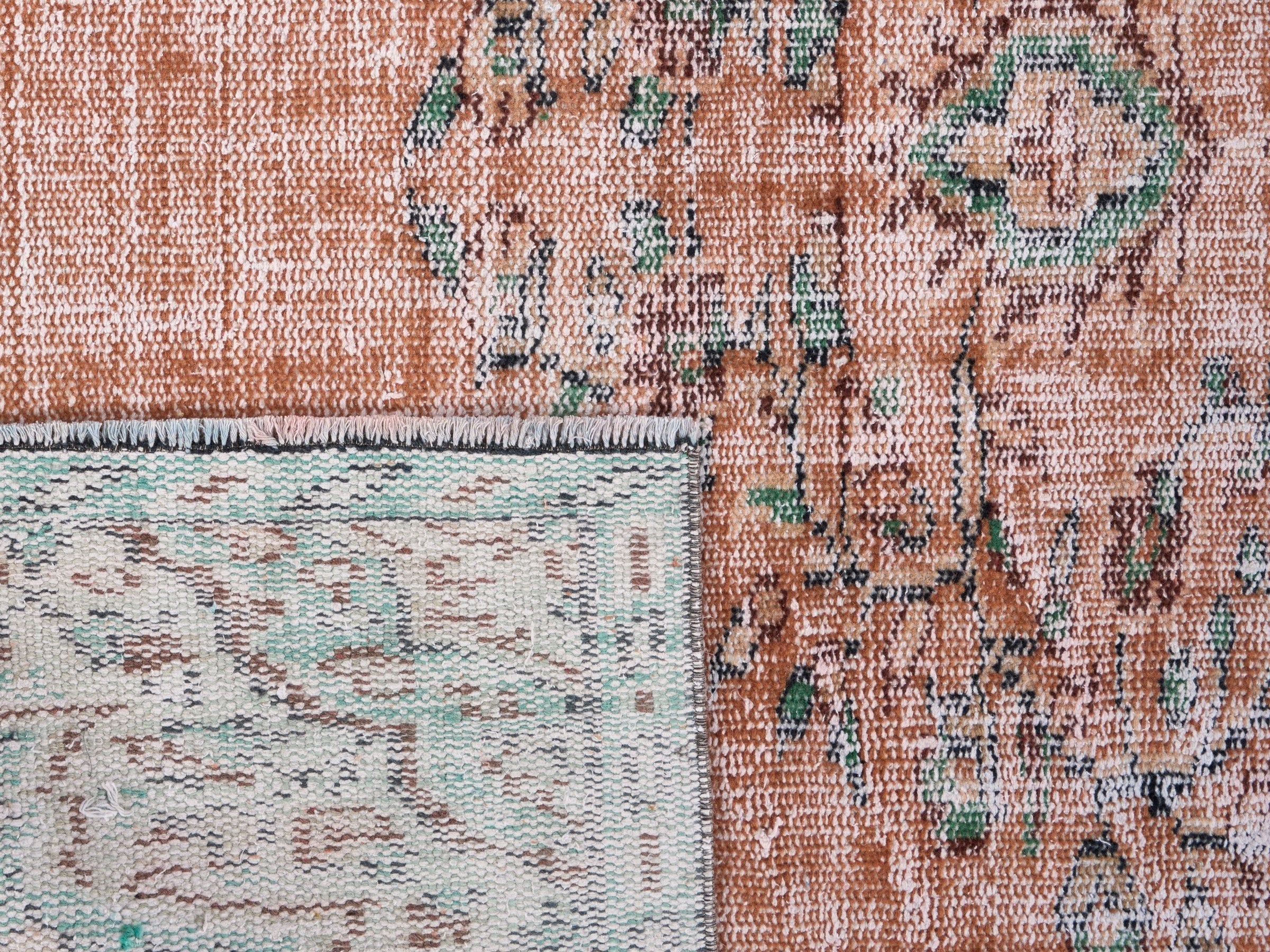 Turkish Manisa area rug in salmon and teal, view 10 of 10