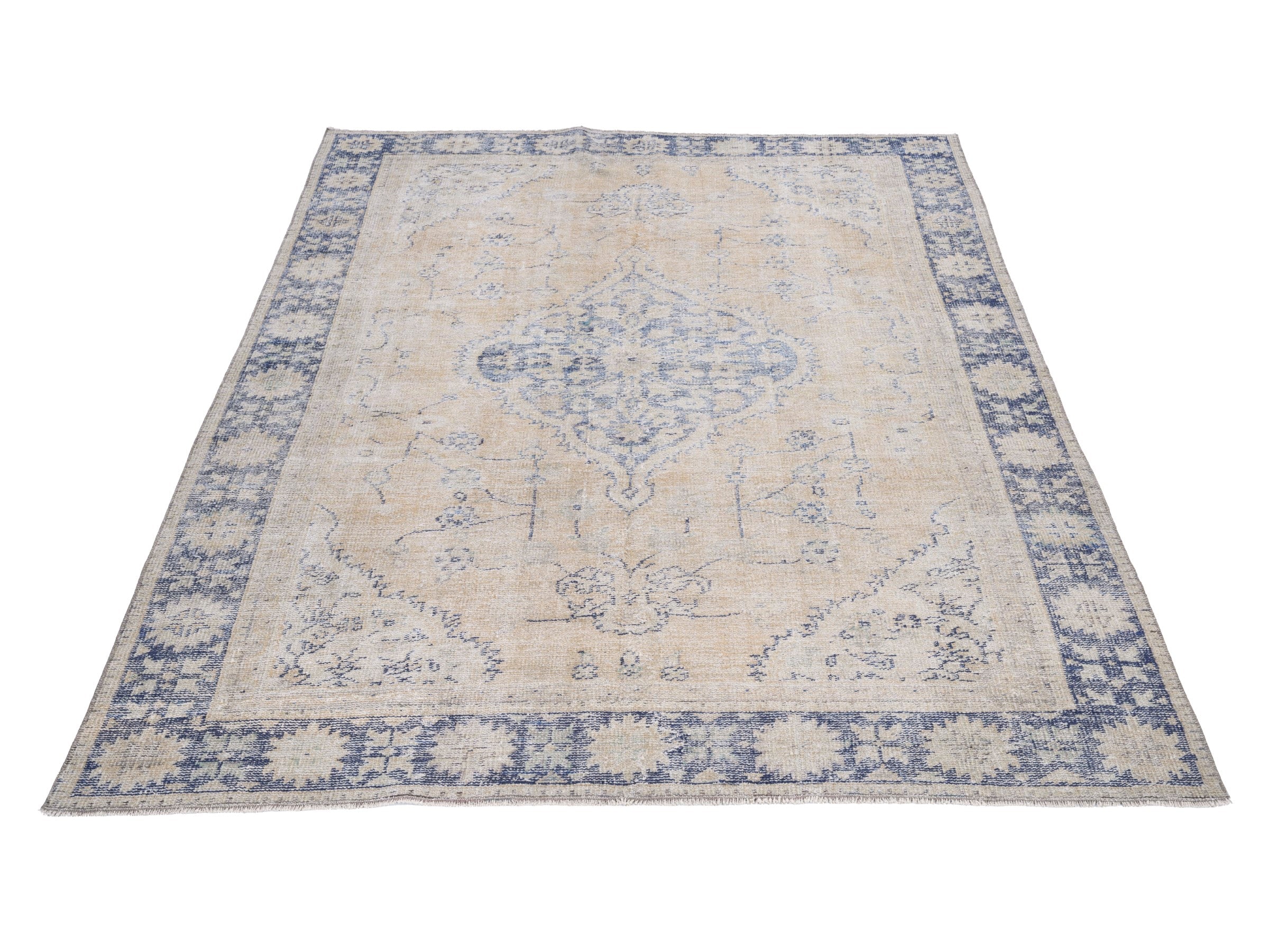 Turkish Manisa area rug in cream and navy, view 2 of 10