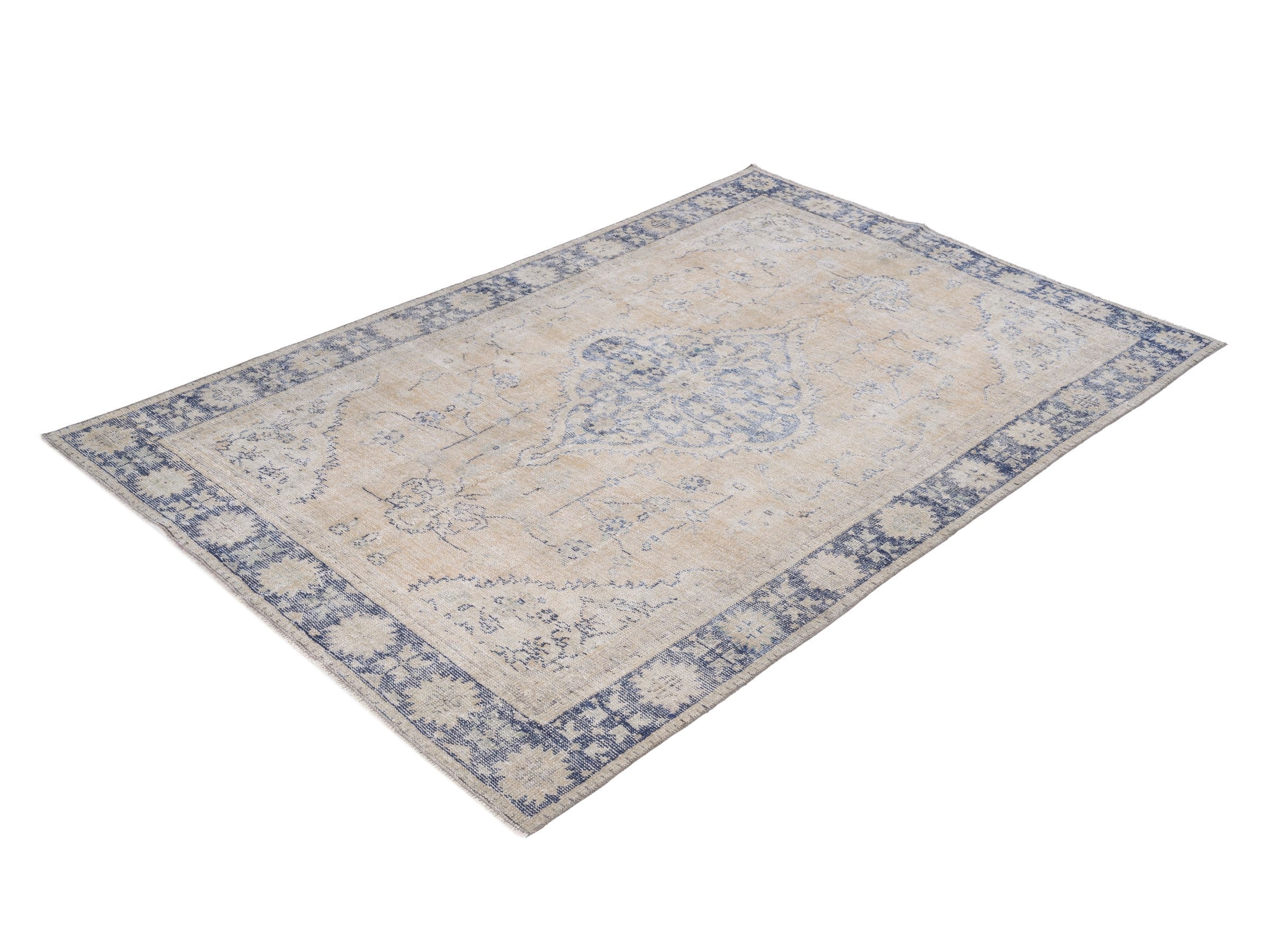 Turkish Manisa area rug in cream and navy, view 3 of 10